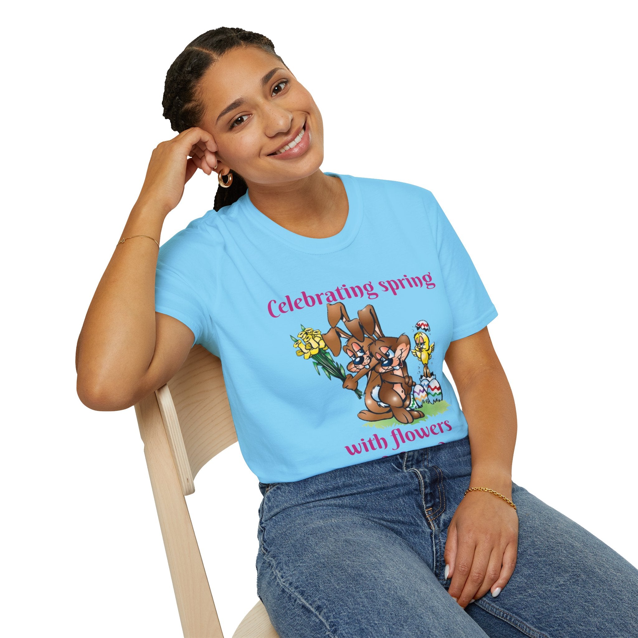 Celebrating Spring With Flowers And Friends Bunny Unisex Softstyle T-Shirt