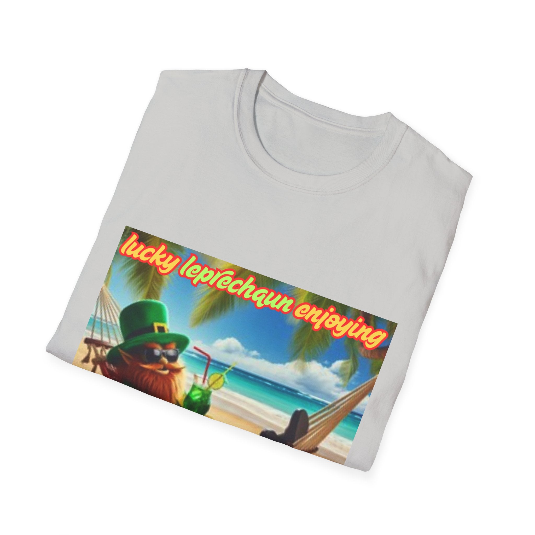 Lucky Leprechaun Enjoying Tropical Fruitiness! Unisex Softstyle T-Shirt