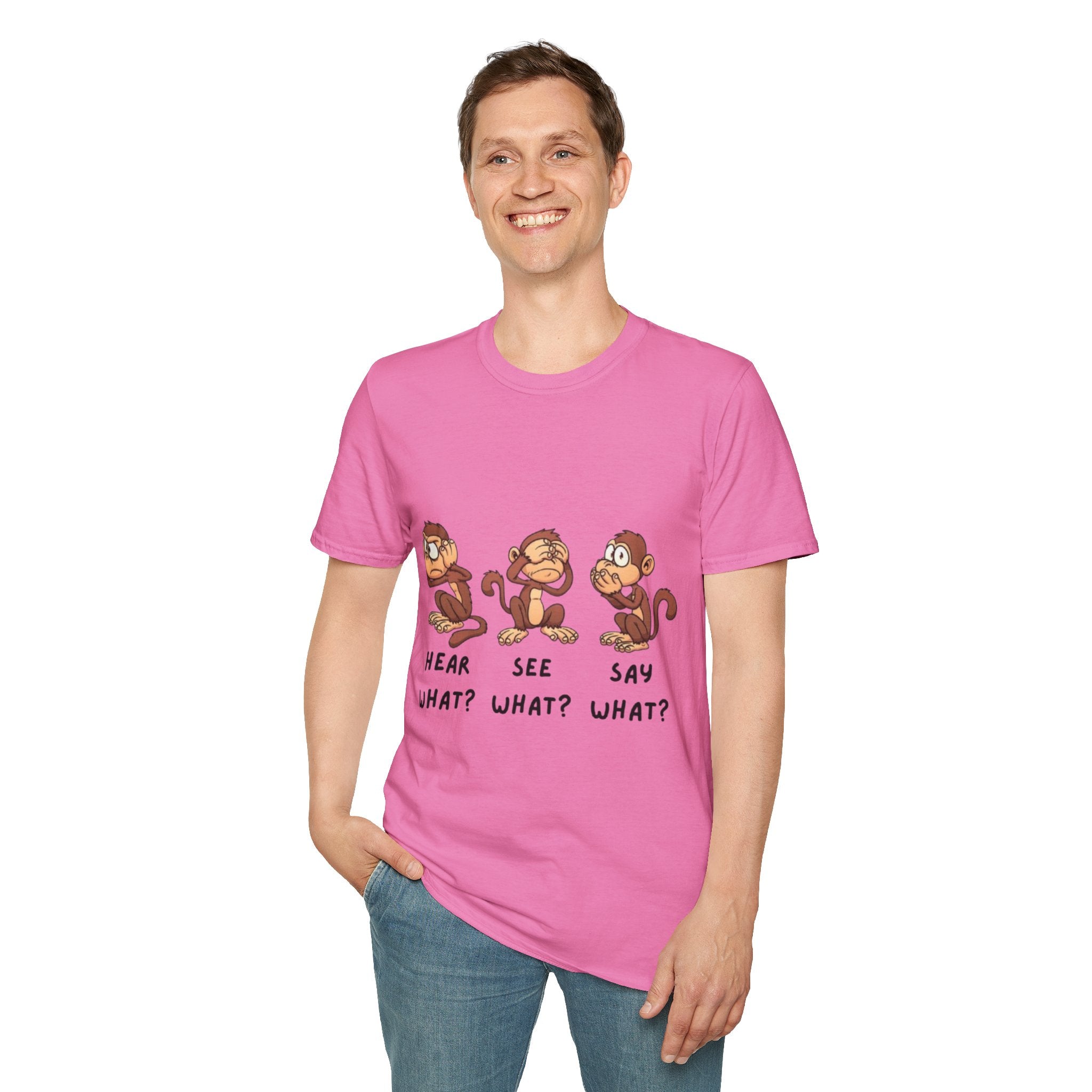 Monkey Hear, See, Say What? Unisex Softstyle T-Shirt