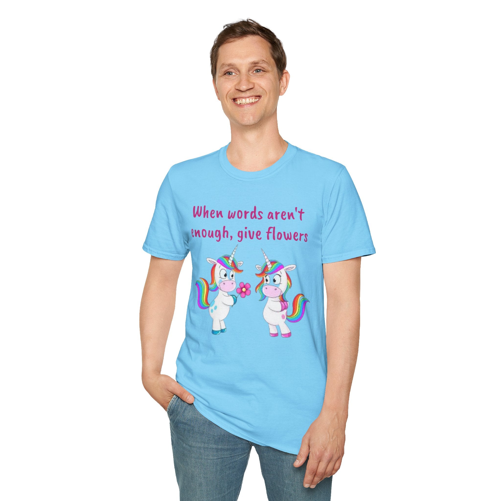 When Words Aren’t Enough, Give Flowers Unicorn Unisex Softstyle T-Shirt