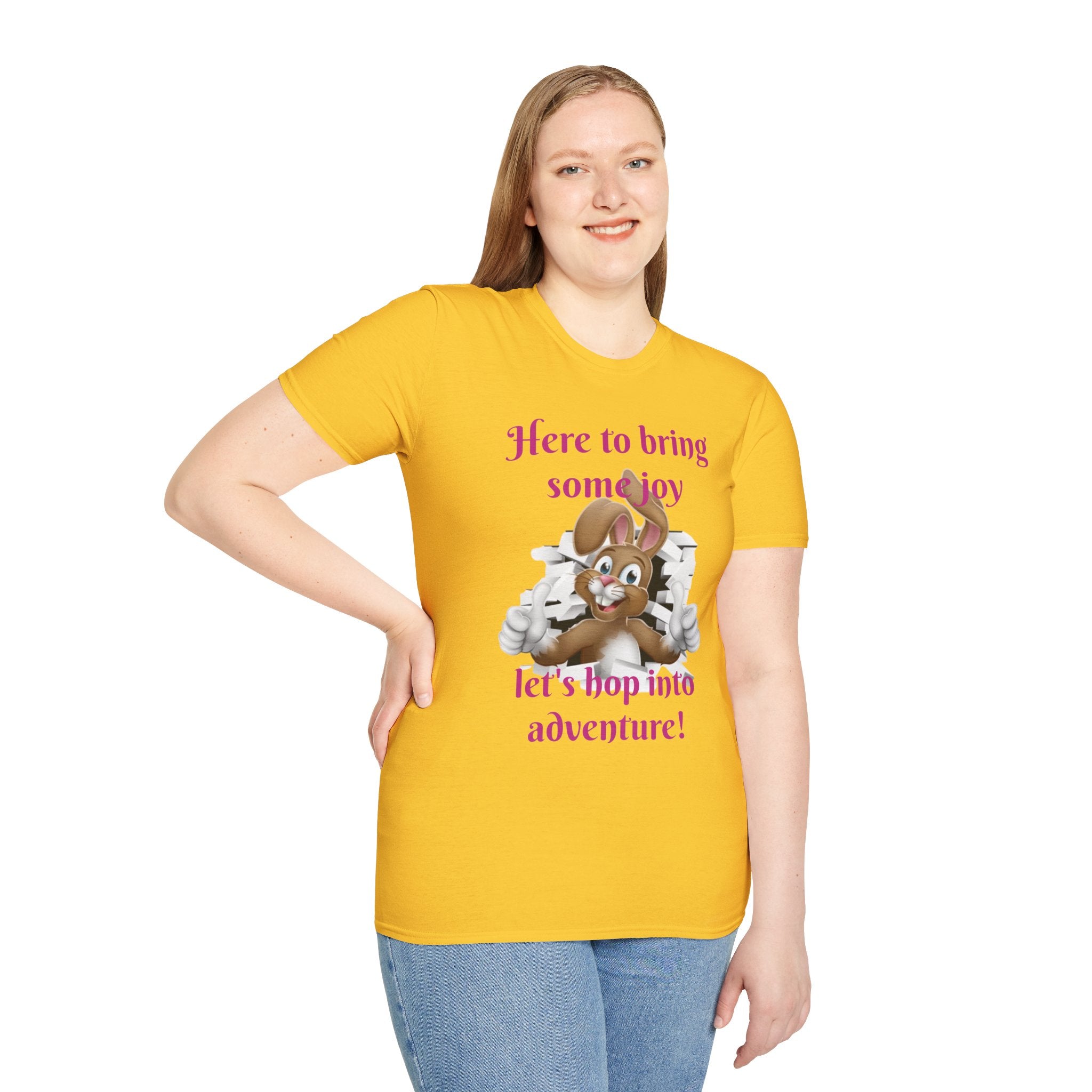 Here To Bring Some Joy Let's Hop Into Adventure Unisex Softstyle T-Shirt