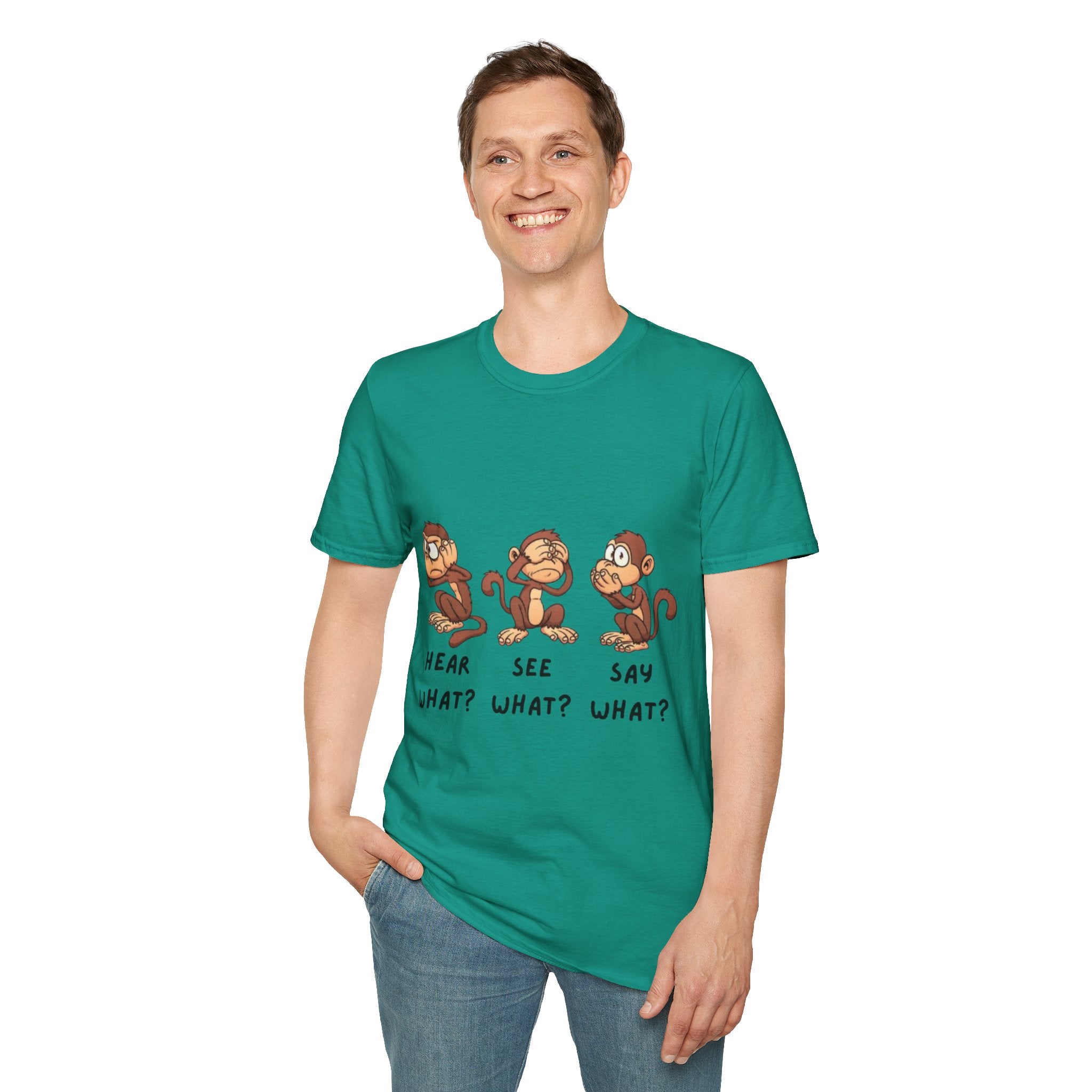 Monkey Hear, See, Say What? Unisex Softstyle T-Shirt