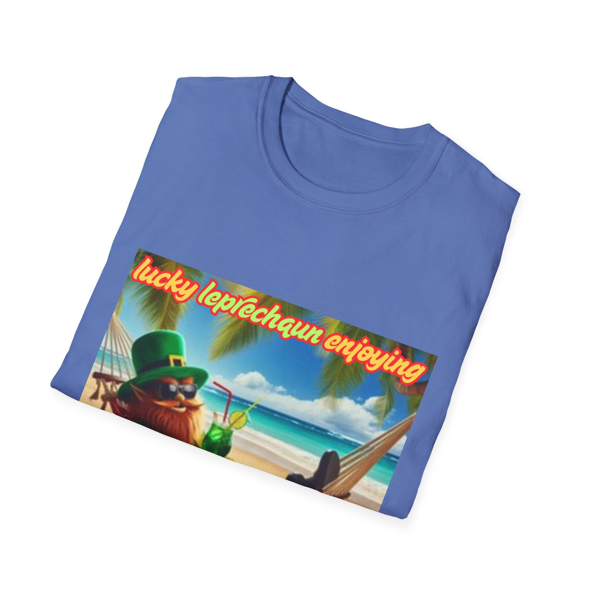 Lucky Leprechaun Enjoying Tropical Fruitiness! Unisex Softstyle T-Shirt