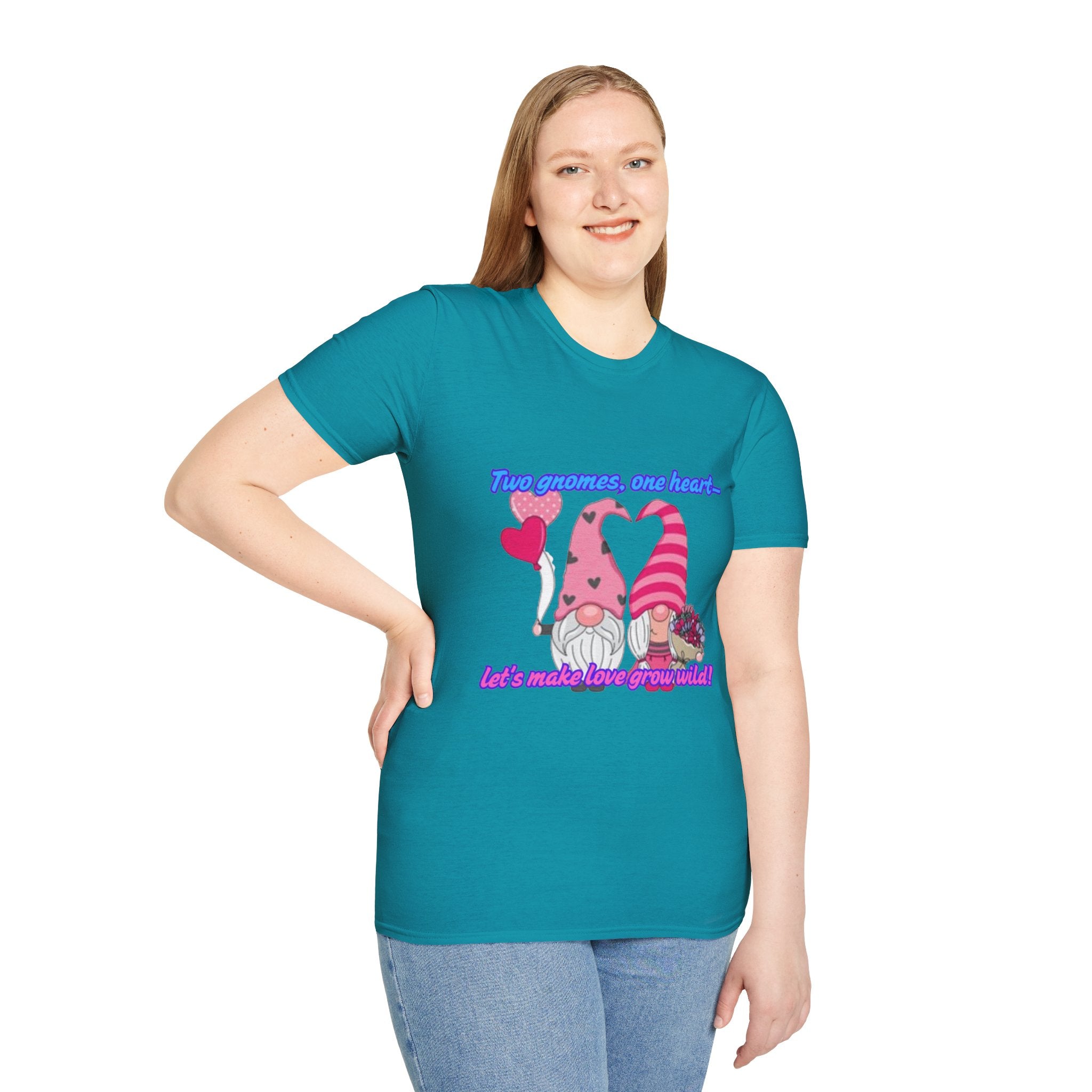 Two Gnomes, One Heart- Let's Make Love Grow Wild Unisex Softstyle T-Shirt