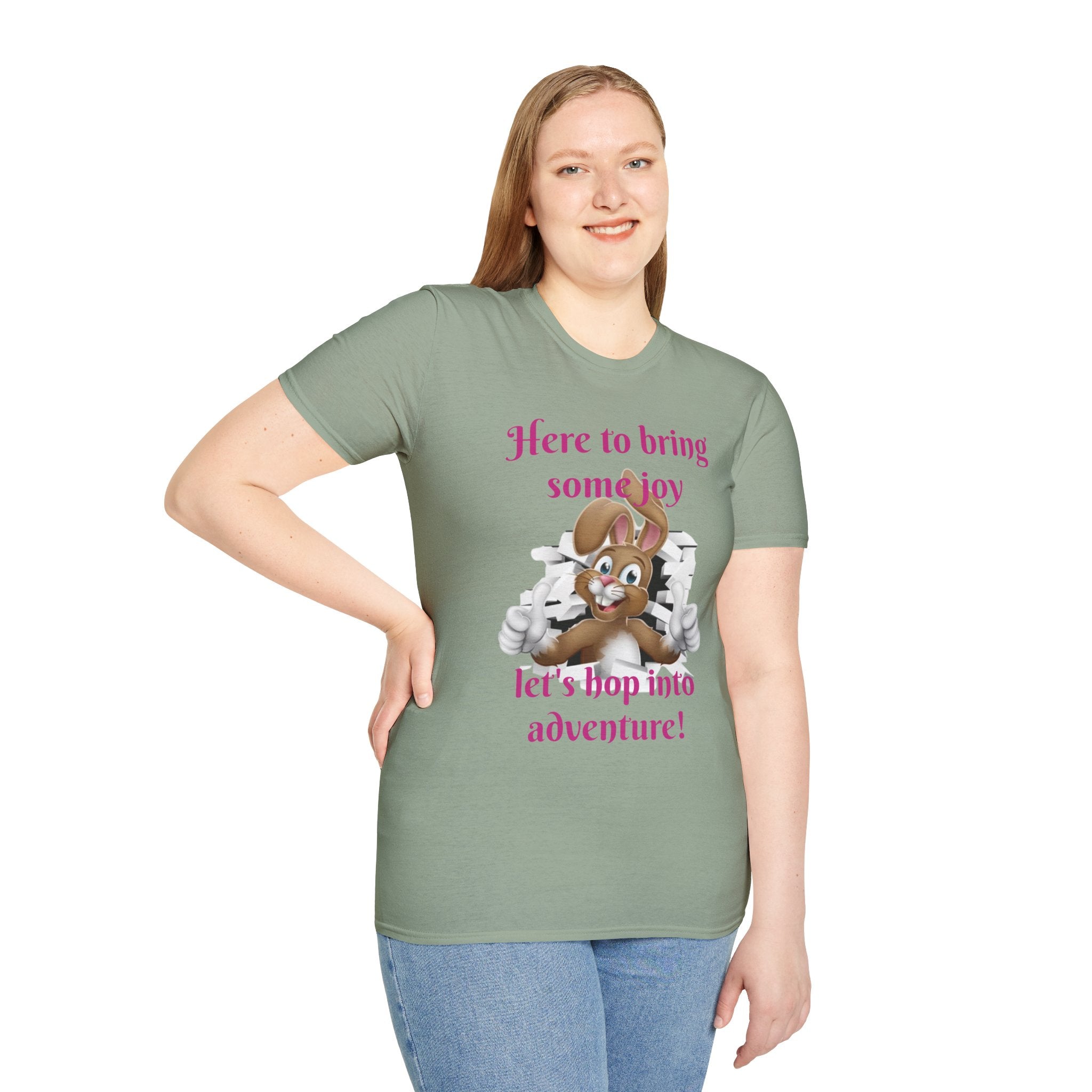 Here To Bring Some Joy Let's Hop Into Adventure Unisex Softstyle T-Shirt