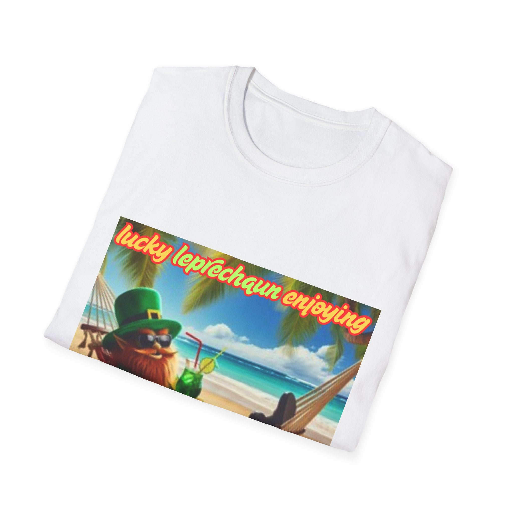 Lucky Leprechaun Enjoying Tropical Fruitiness! Unisex Softstyle T-Shirt