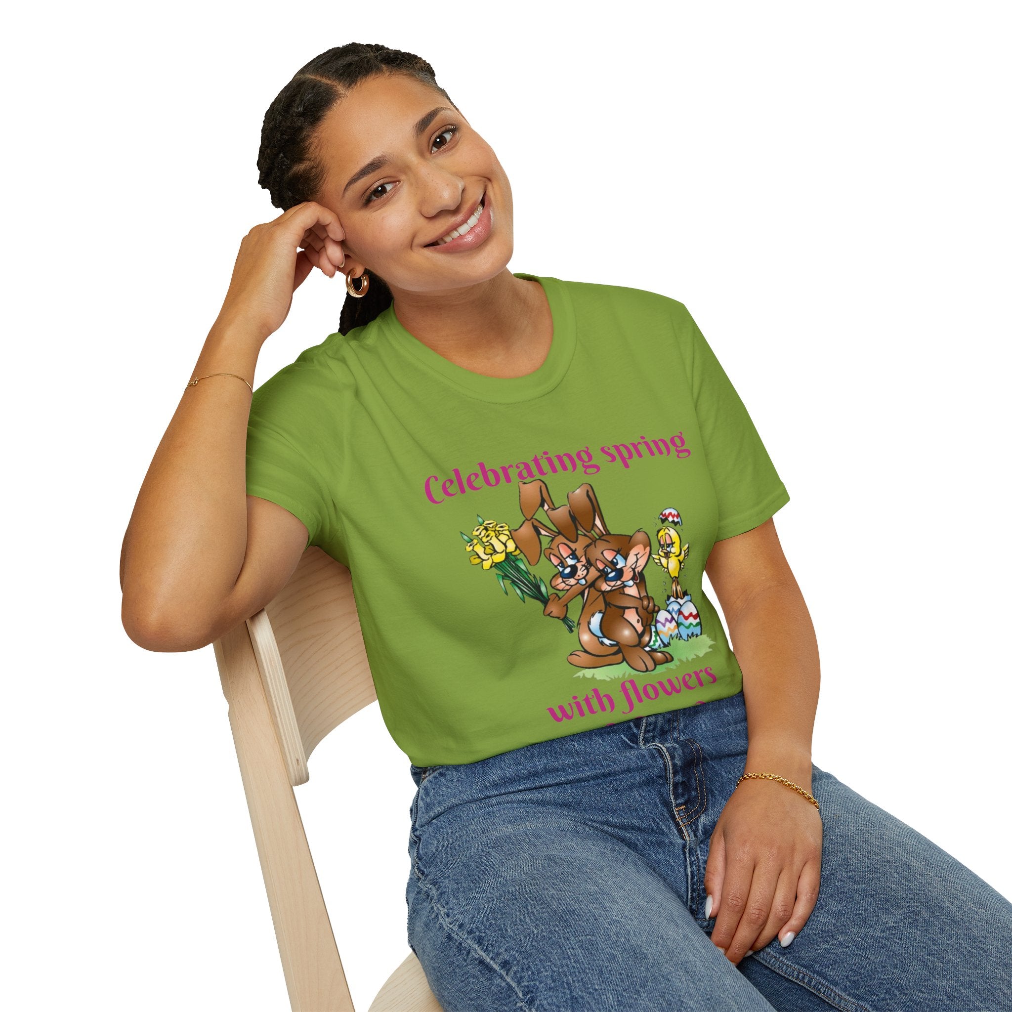 Celebrating Spring With Flowers And Friends Bunny Unisex Softstyle T-Shirt