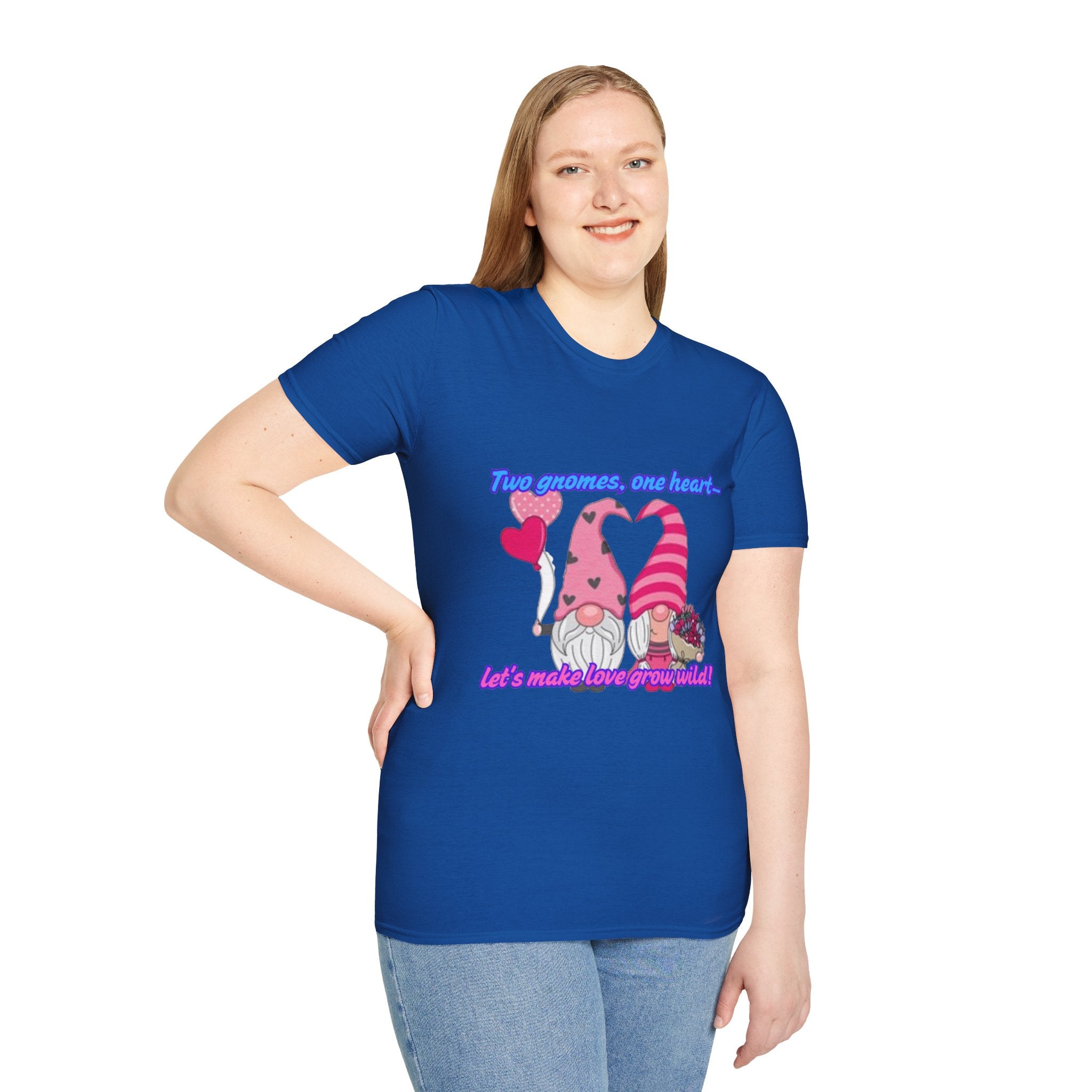 Two Gnomes, One Heart- Let's Make Love Grow Wild Unisex Softstyle T-Shirt