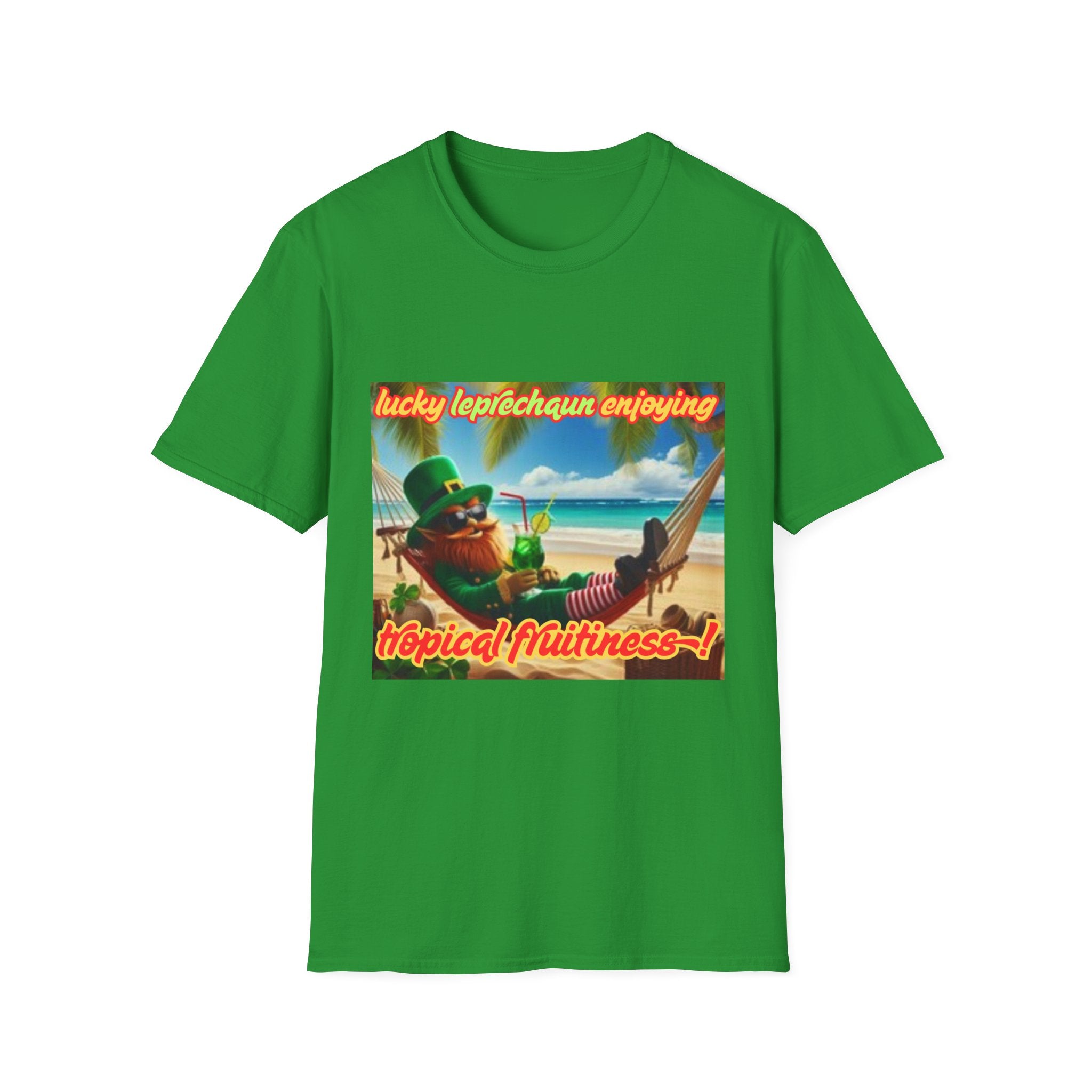 Lucky Leprechaun Enjoying Tropical Fruitiness! Unisex Softstyle T-Shirt