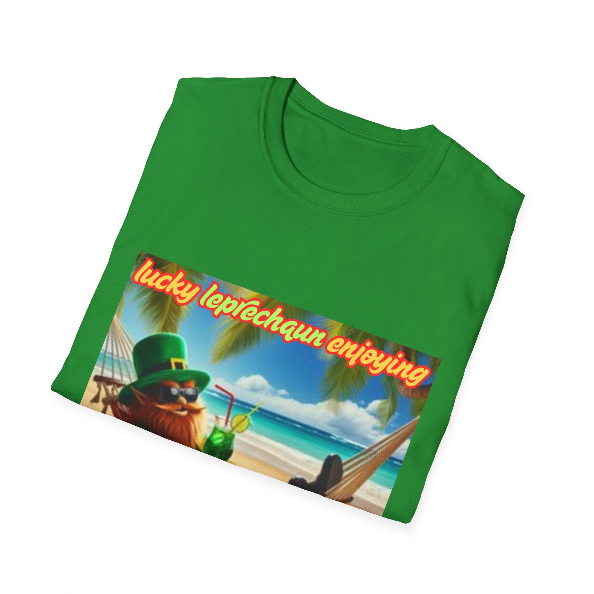Lucky Leprechaun Enjoying Tropical Fruitiness! Unisex Softstyle T-Shirt