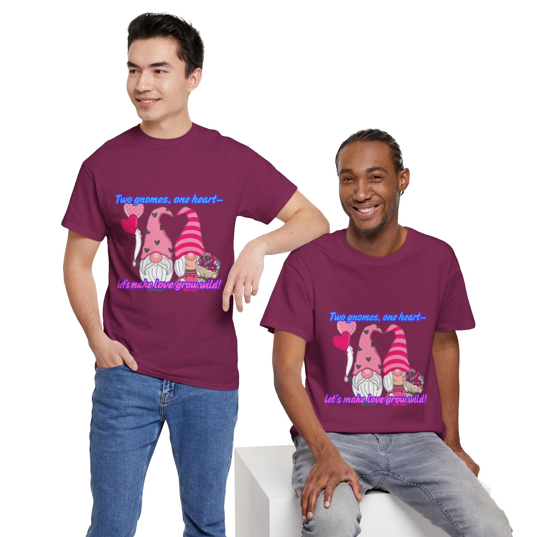 Two Gnomes, One Heart- Let's Make Love Grow Wild Unisex Heavy Cotton T-Shirt