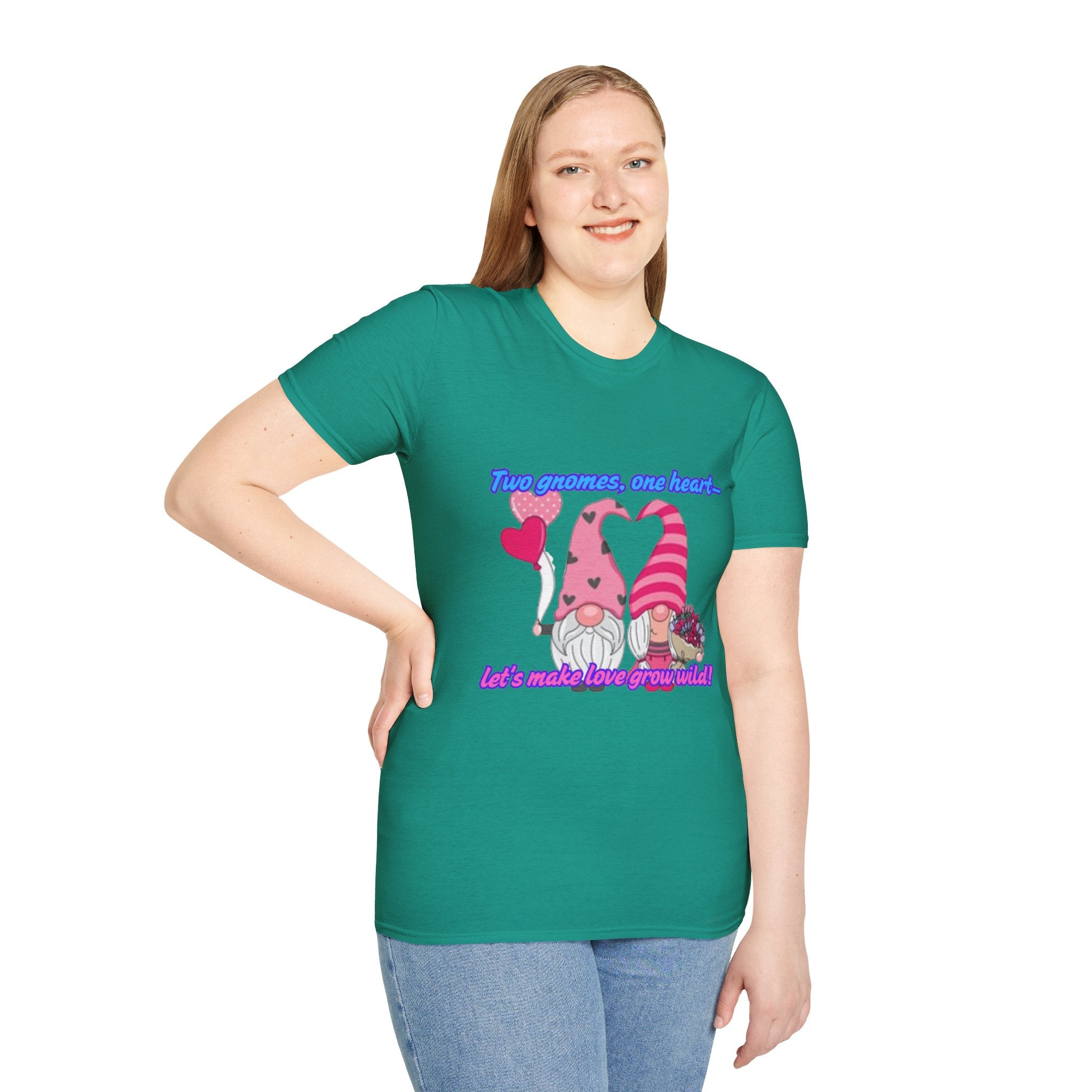 Two Gnomes, One Heart- Let's Make Love Grow Wild Unisex Softstyle T-Shirt
