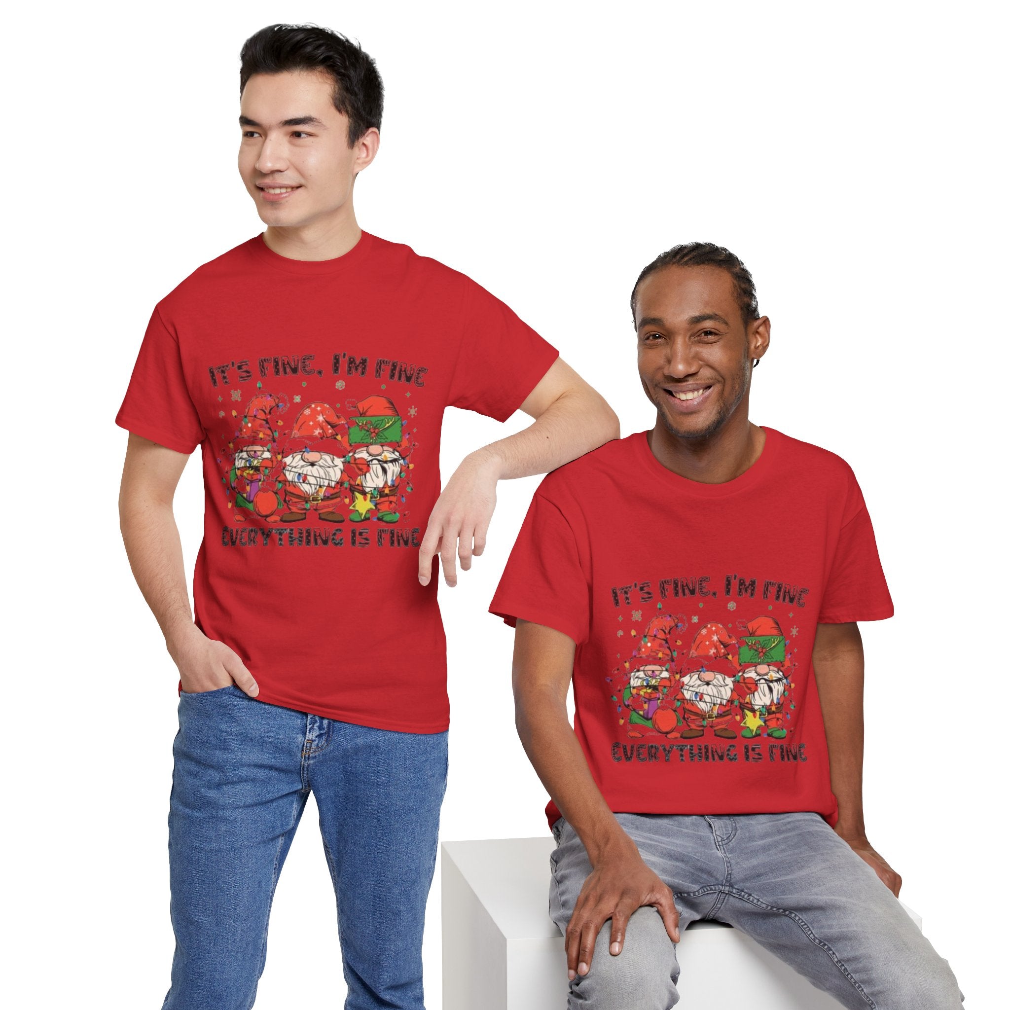 It's Fine, I'm Fine, Everything Is Fine Gnome Christmas Unisex Heavy Cotton T-Shirt