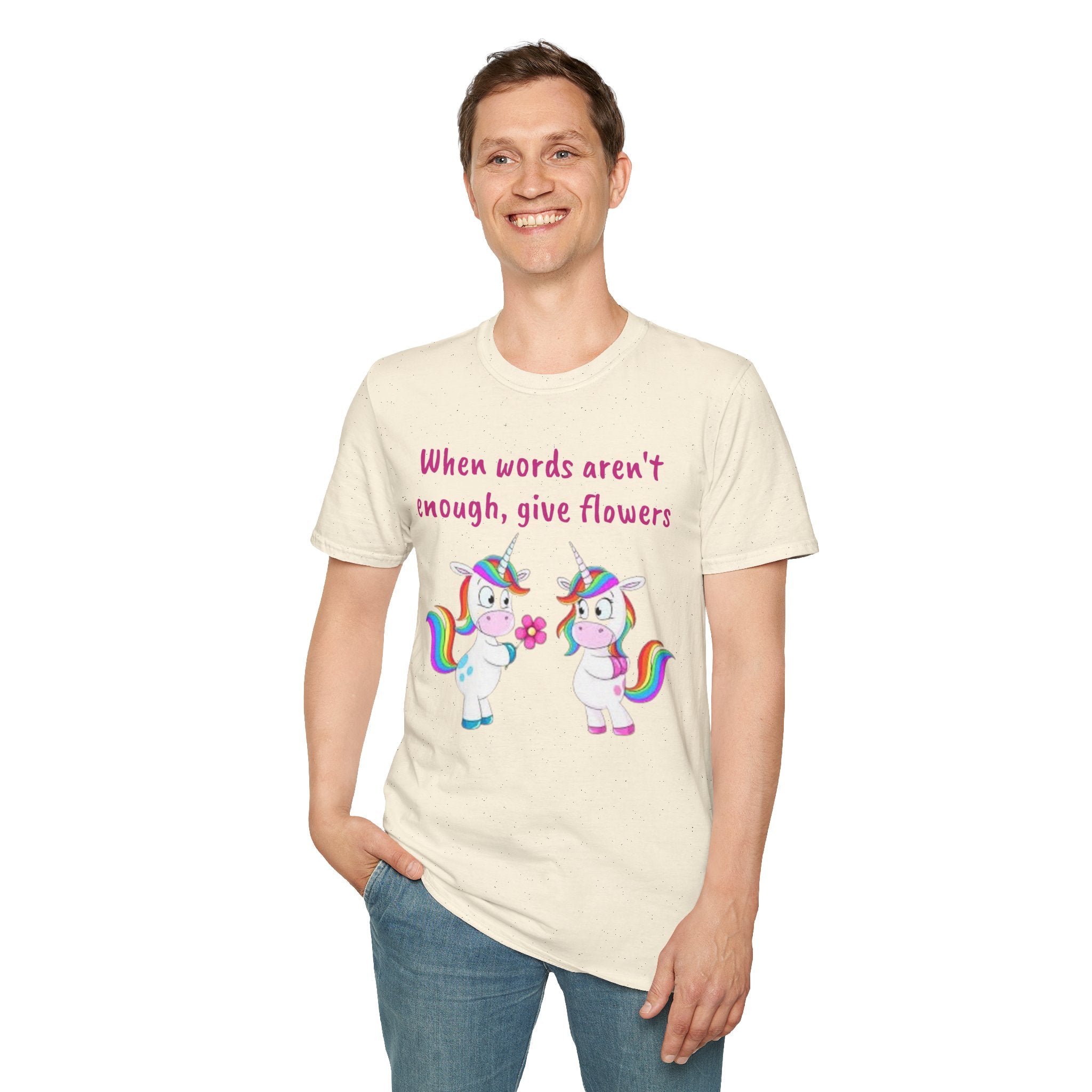 When Words Aren’t Enough, Give Flowers Unicorn Unisex Softstyle T-Shirt