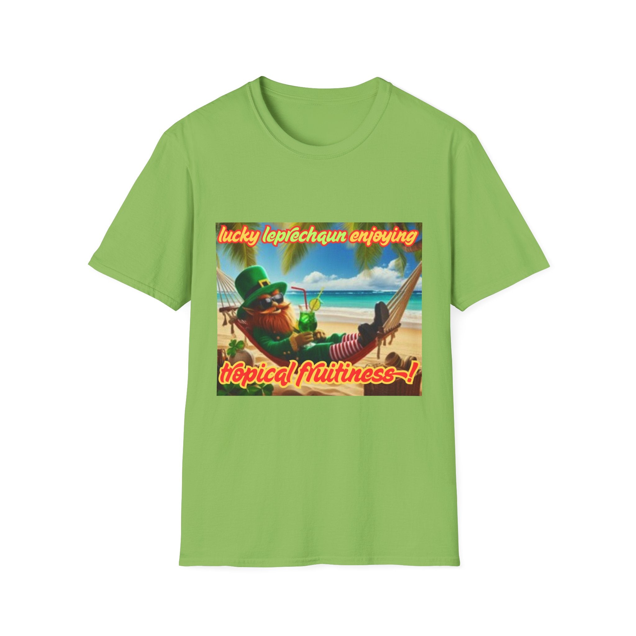 Lucky Leprechaun Enjoying Tropical Fruitiness! Unisex Softstyle T-Shirt