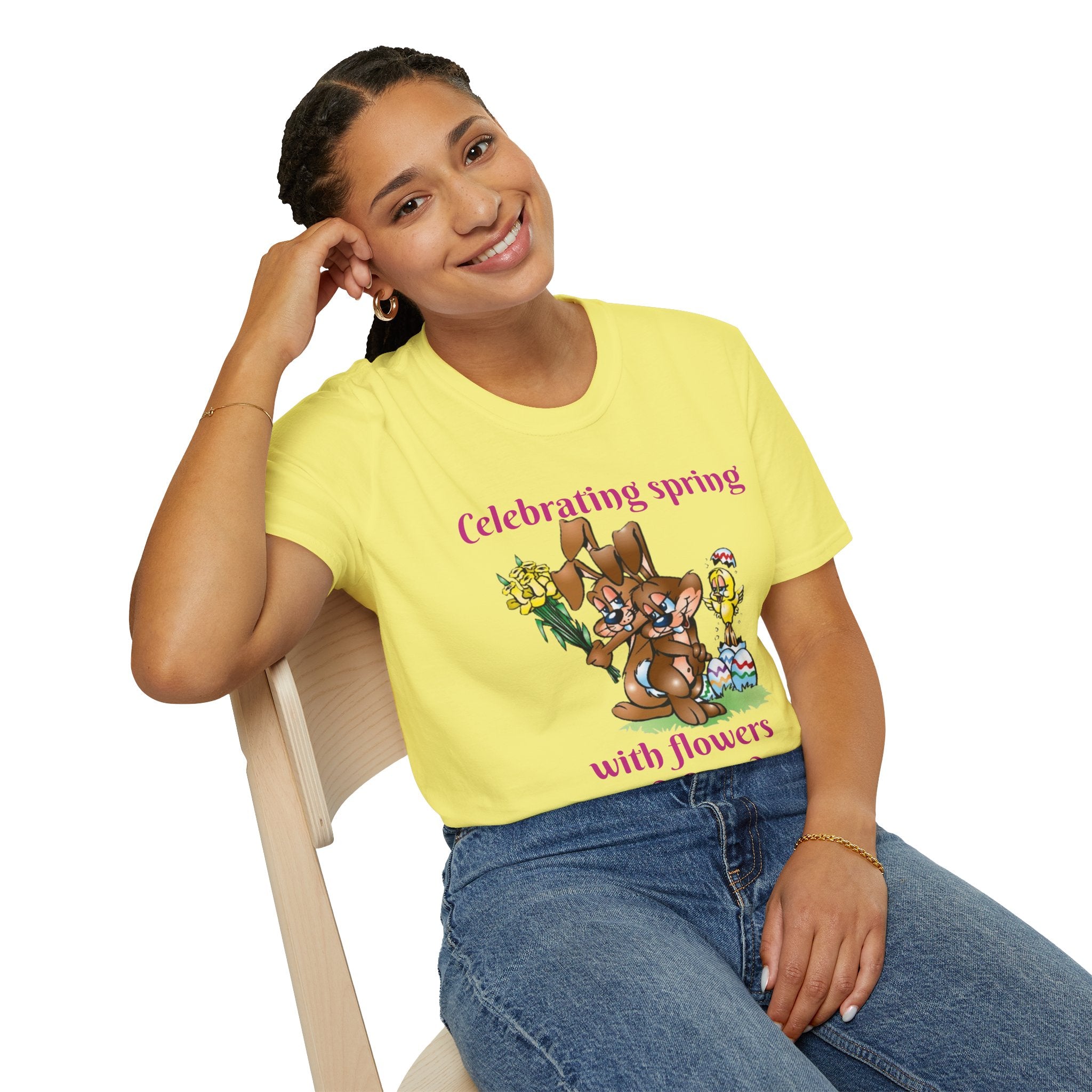 Celebrating Spring With Flowers And Friends Bunny Unisex Softstyle T-Shirt