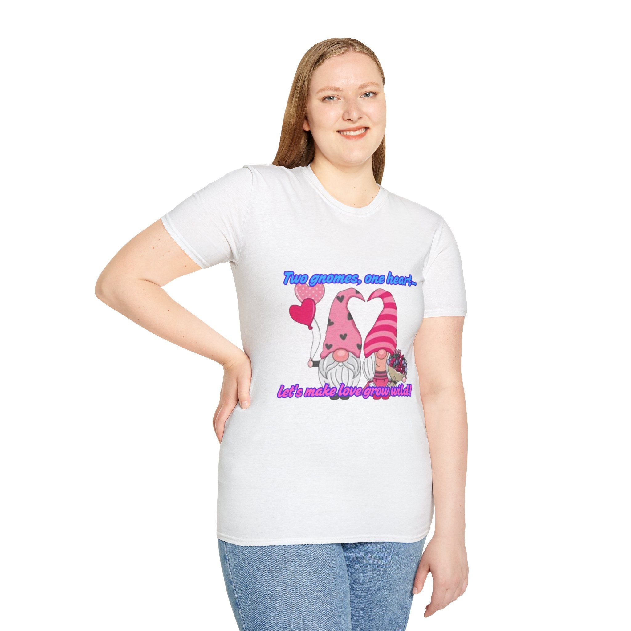 Two Gnomes, One Heart- Let's Make Love Grow Wild Unisex Softstyle T-Shirt