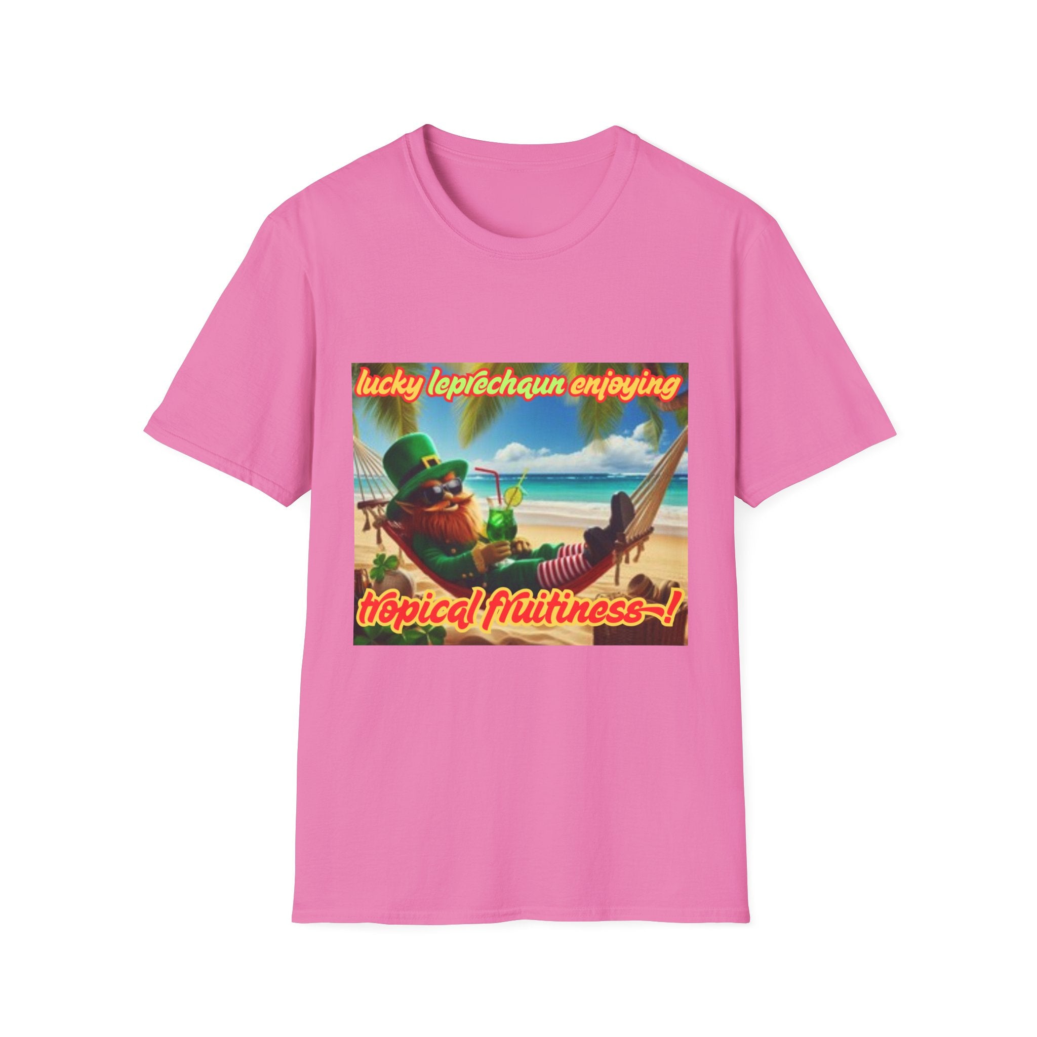 Lucky Leprechaun Enjoying Tropical Fruitiness! Unisex Softstyle T-Shirt