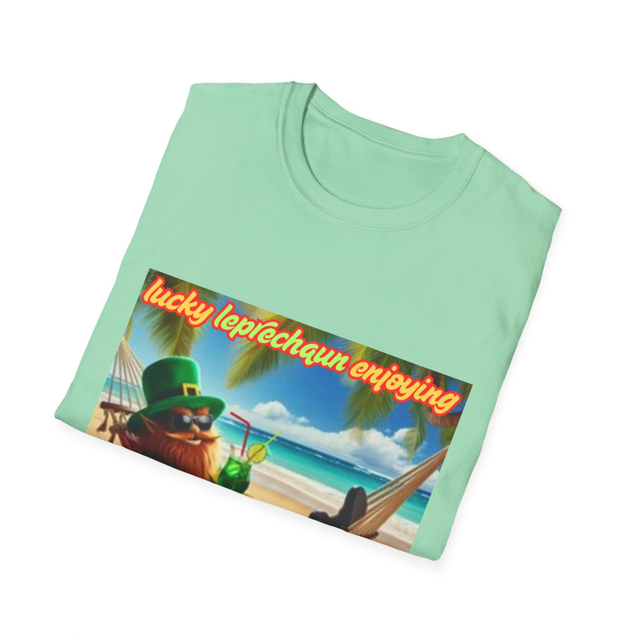 Lucky Leprechaun Enjoying Tropical Fruitiness! Unisex Softstyle T-Shirt