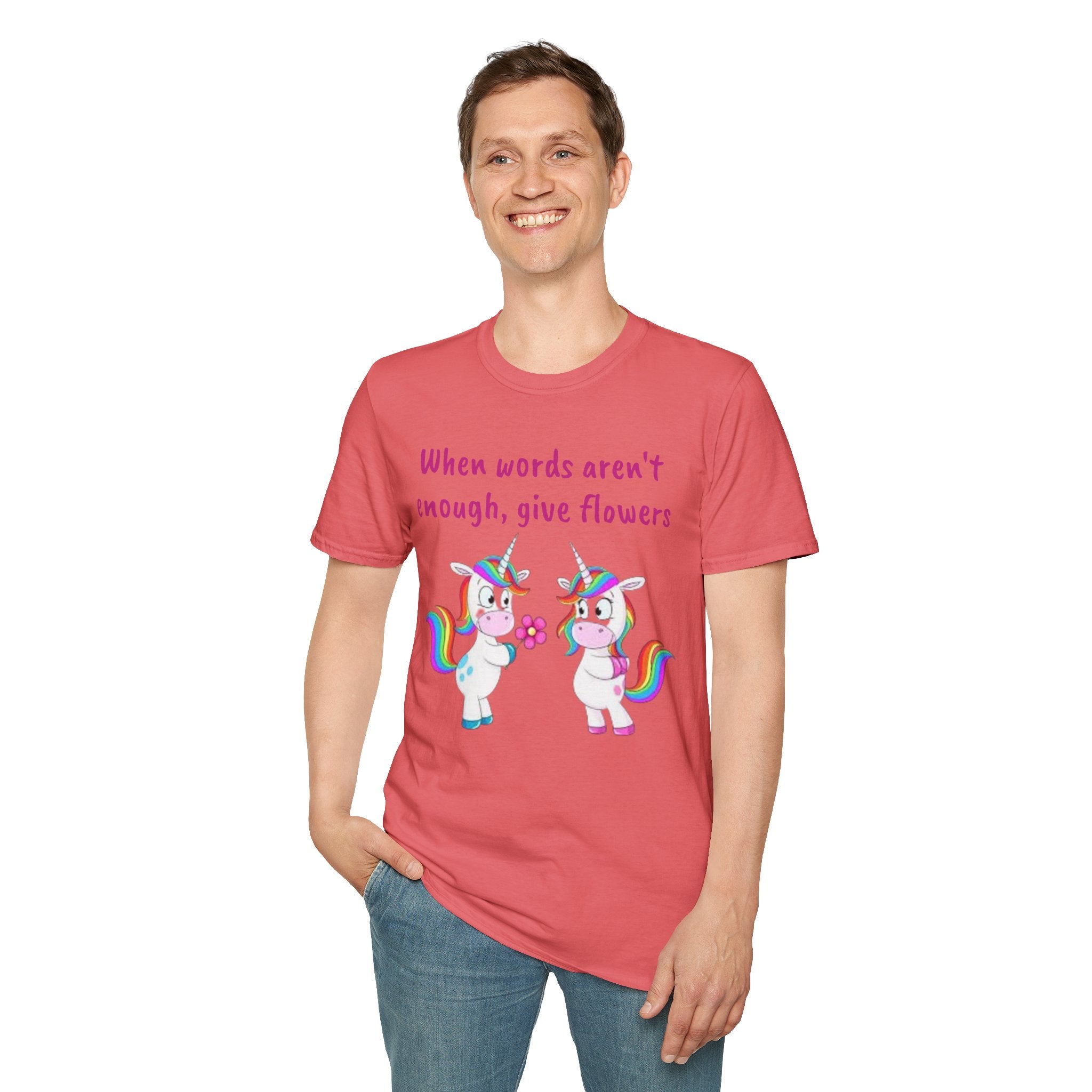 When Words Aren’t Enough, Give Flowers Unicorn Unisex Softstyle T-Shirt