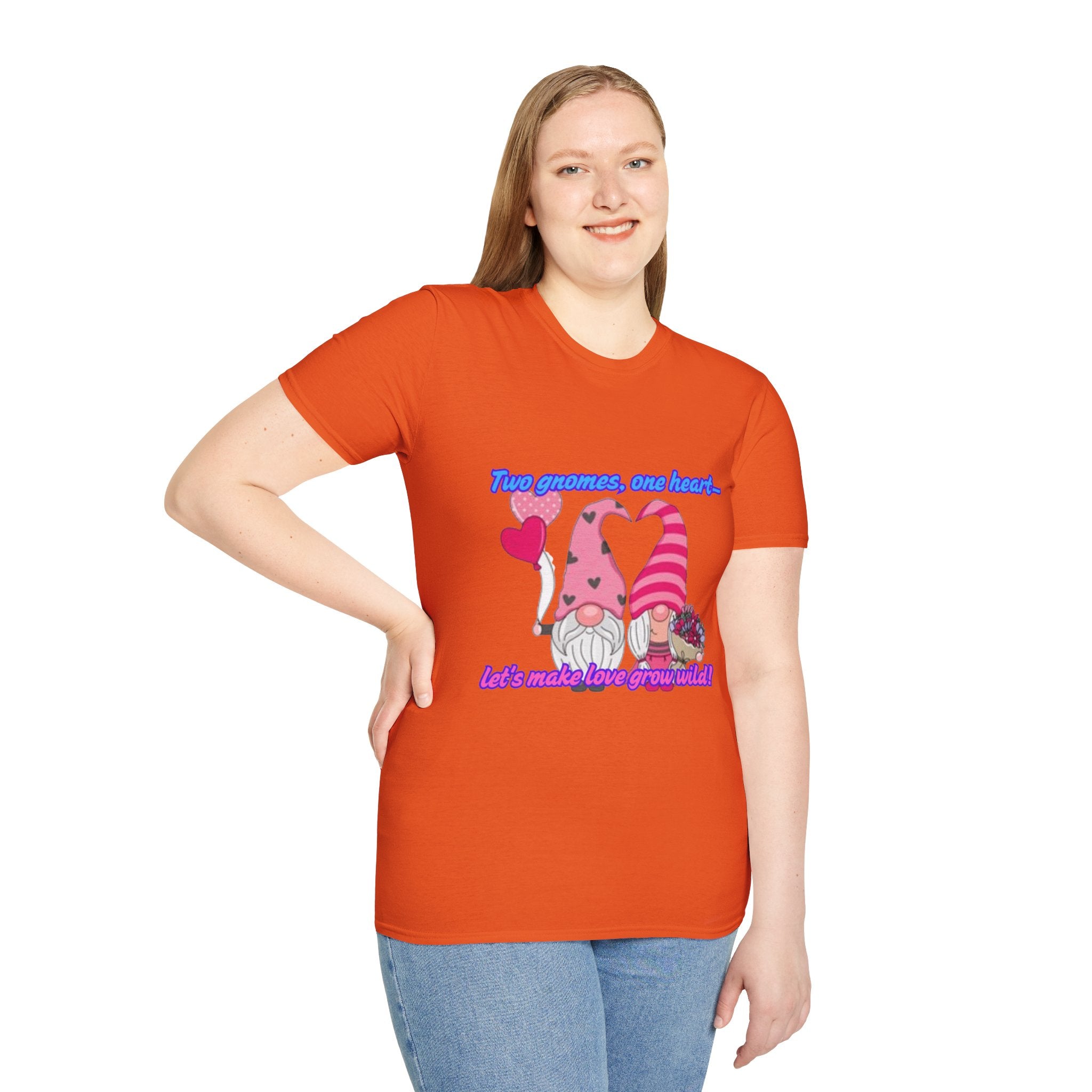 Two Gnomes, One Heart- Let's Make Love Grow Wild Unisex Softstyle T-Shirt