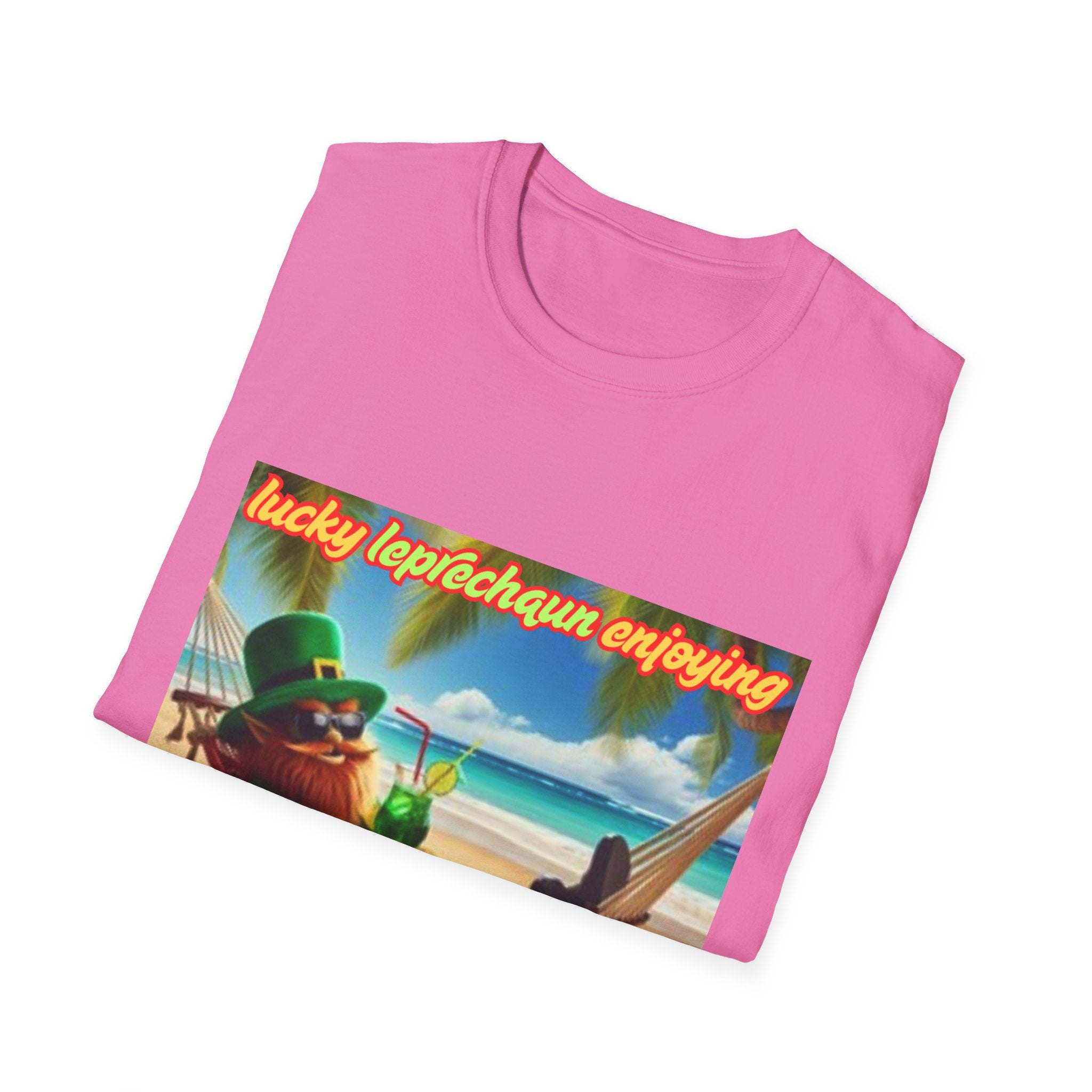 Lucky Leprechaun Enjoying Tropical Fruitiness! Unisex Softstyle T-Shirt