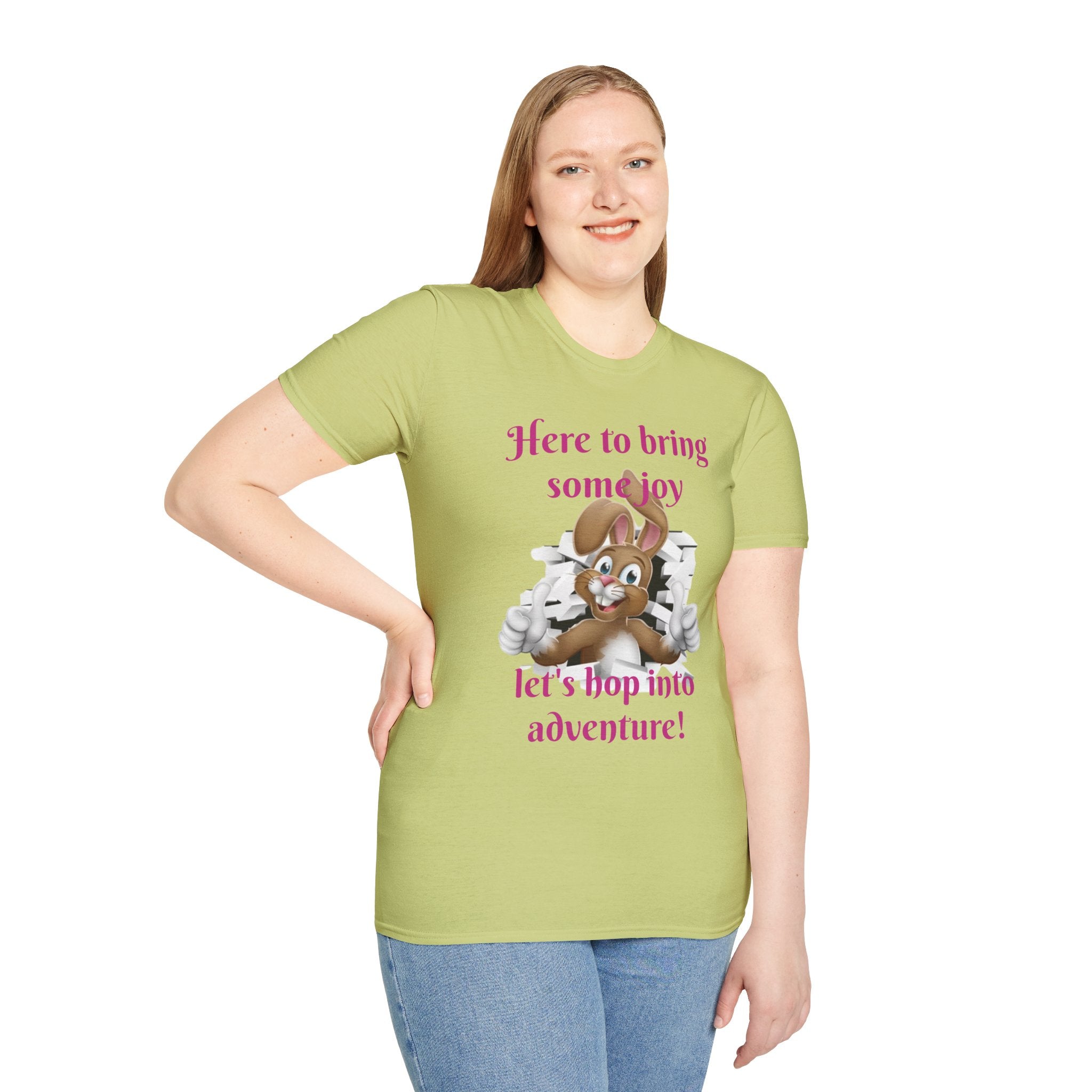 Here To Bring Some Joy Let's Hop Into Adventure Unisex Softstyle T-Shirt
