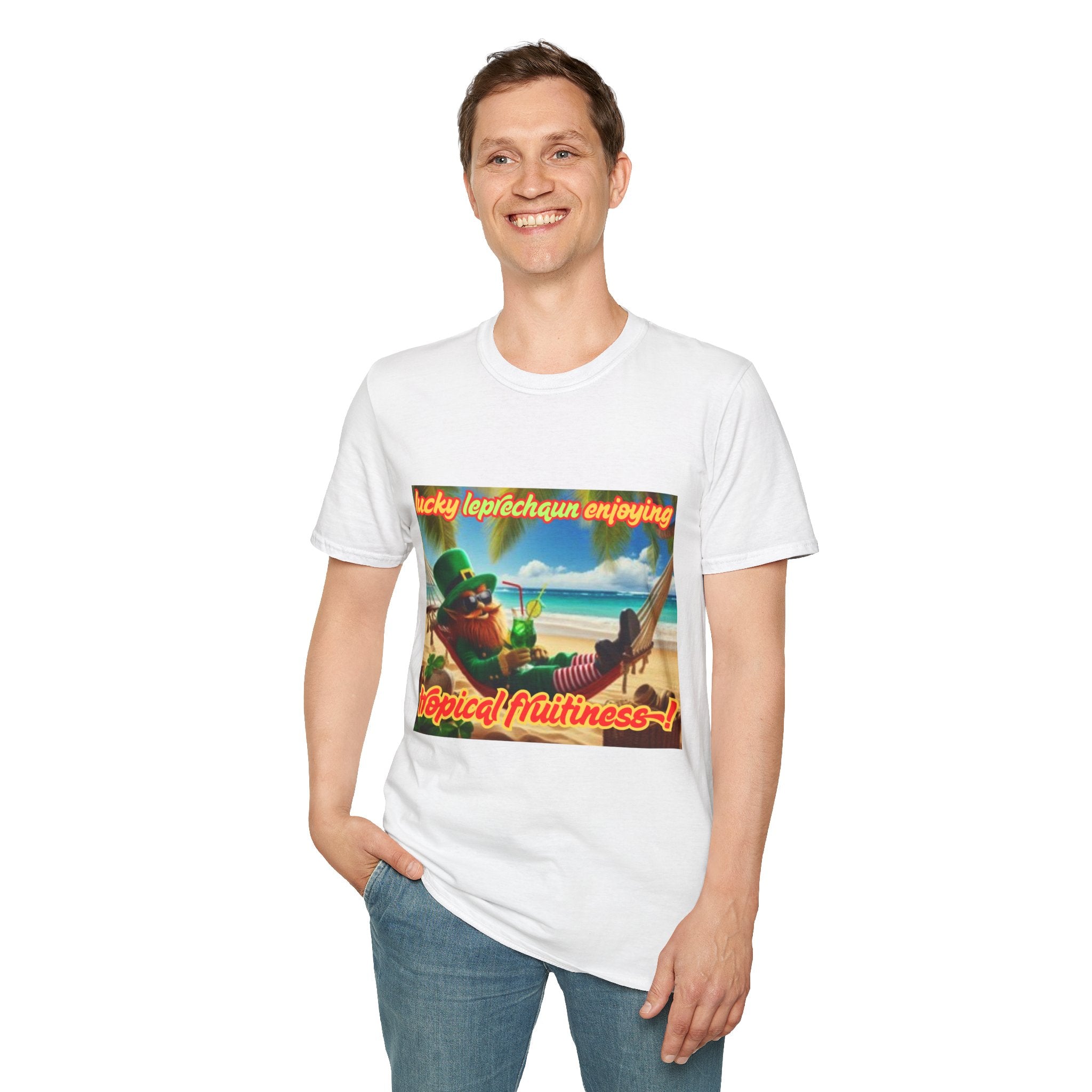 Lucky Leprechaun Enjoying Tropical Fruitiness! Unisex Softstyle T-Shirt