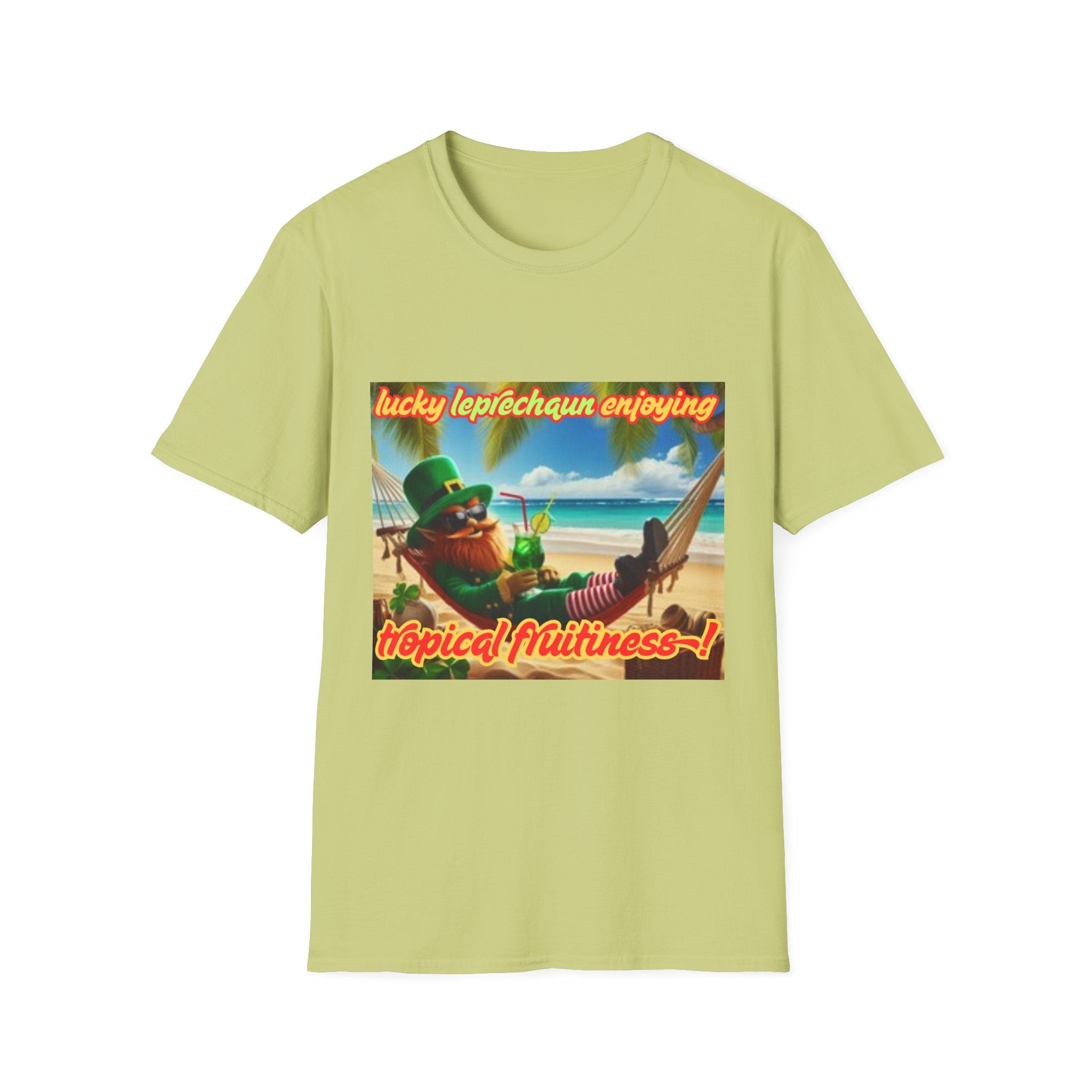 Lucky Leprechaun Enjoying Tropical Fruitiness! Unisex Softstyle T-Shirt