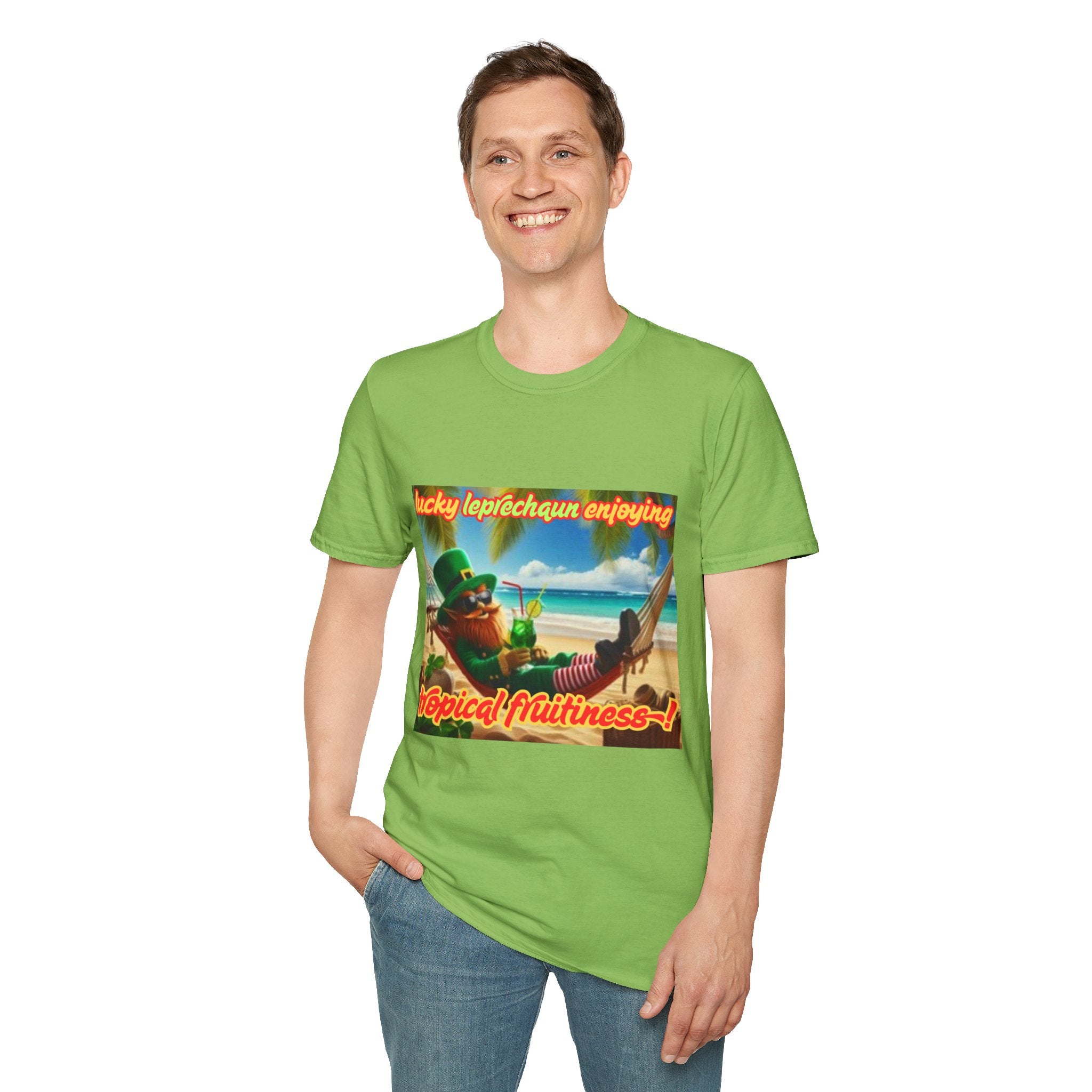 Lucky Leprechaun Enjoying Tropical Fruitiness! Unisex Softstyle T-Shirt