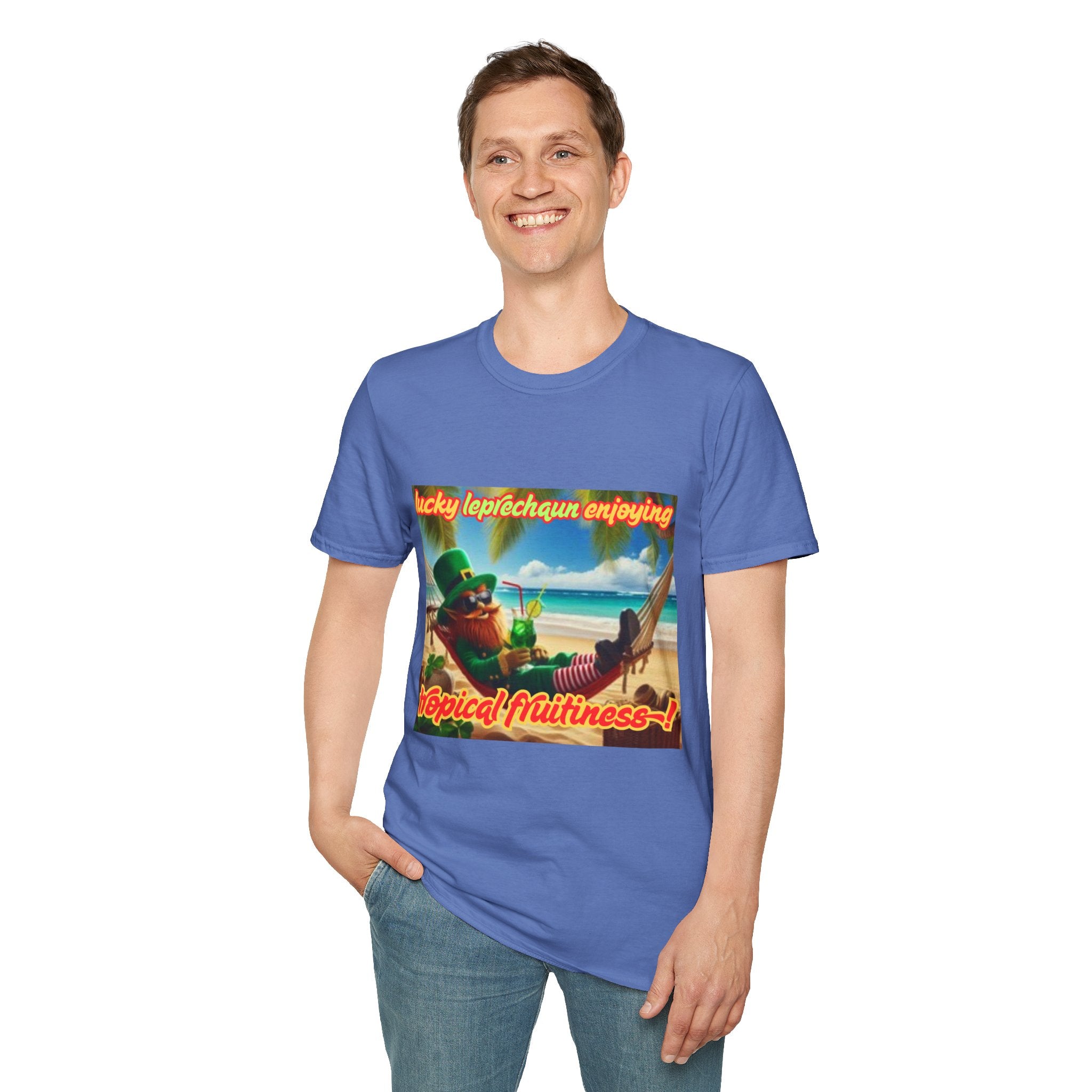Lucky Leprechaun Enjoying Tropical Fruitiness! Unisex Softstyle T-Shirt