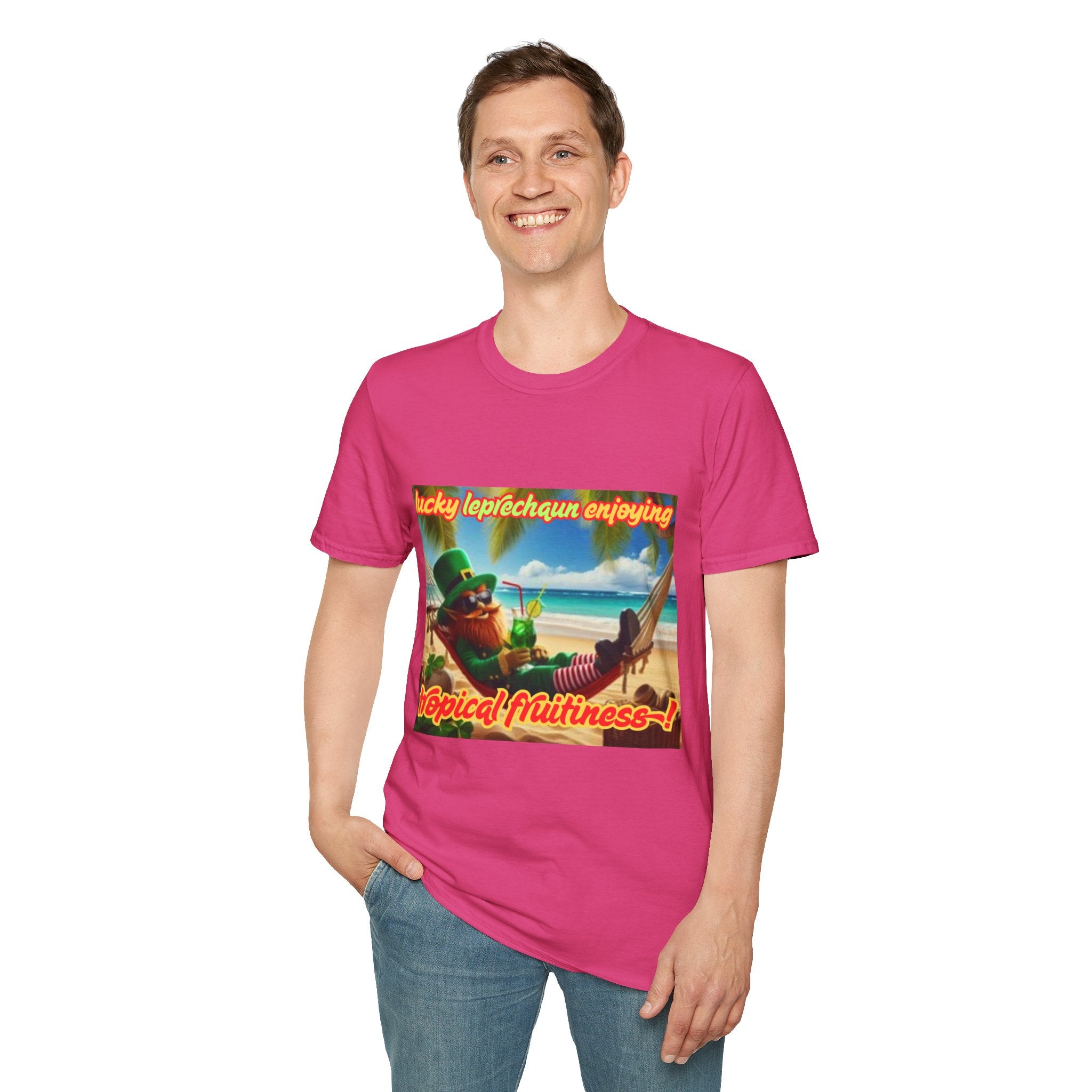Lucky Leprechaun Enjoying Tropical Fruitiness! Unisex Softstyle T-Shirt