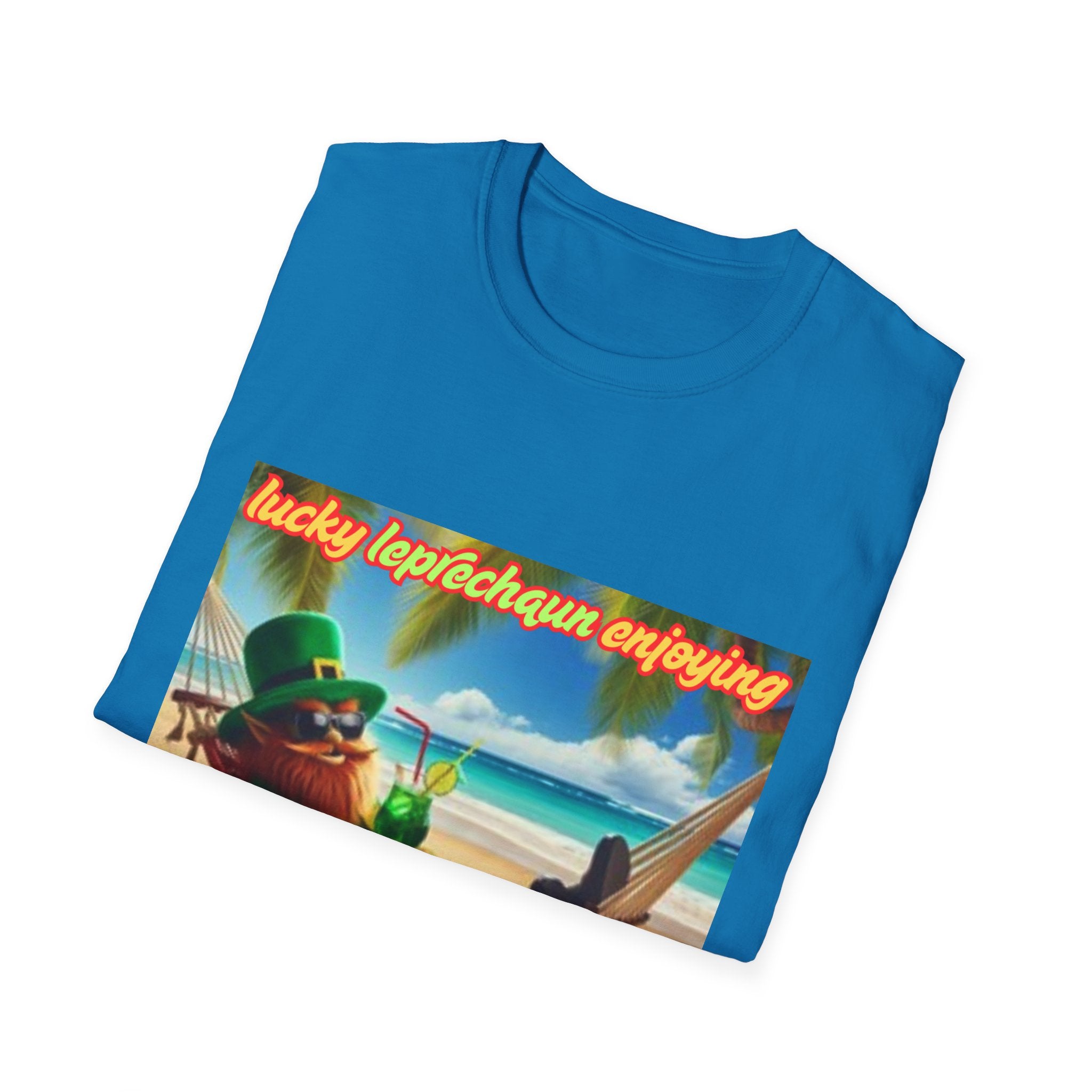 Lucky Leprechaun Enjoying Tropical Fruitiness! Unisex Softstyle T-Shirt