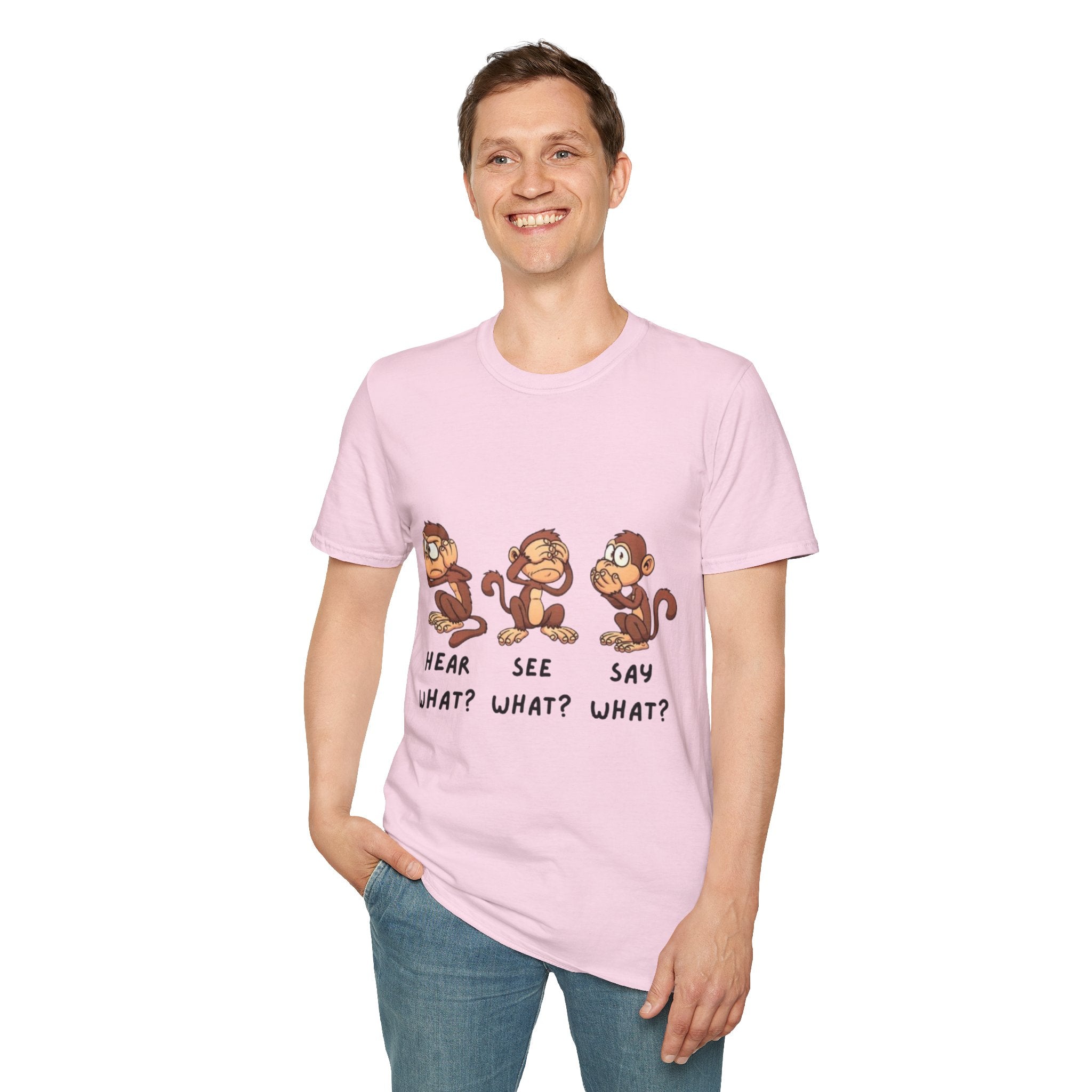 Monkey Hear, See, Say What? Unisex Softstyle T-Shirt