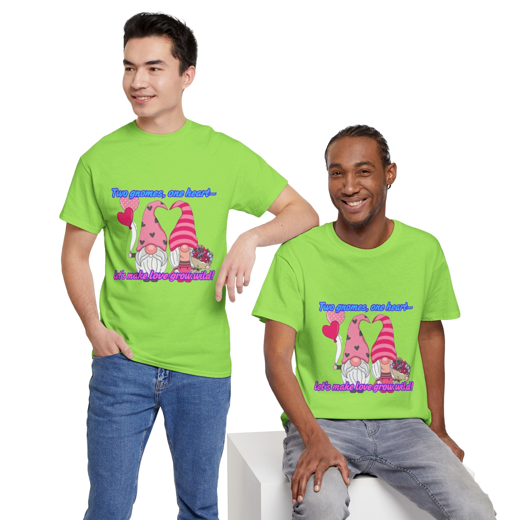 Two Gnomes, One Heart- Let's Make Love Grow Wild Unisex Heavy Cotton T-Shirt
