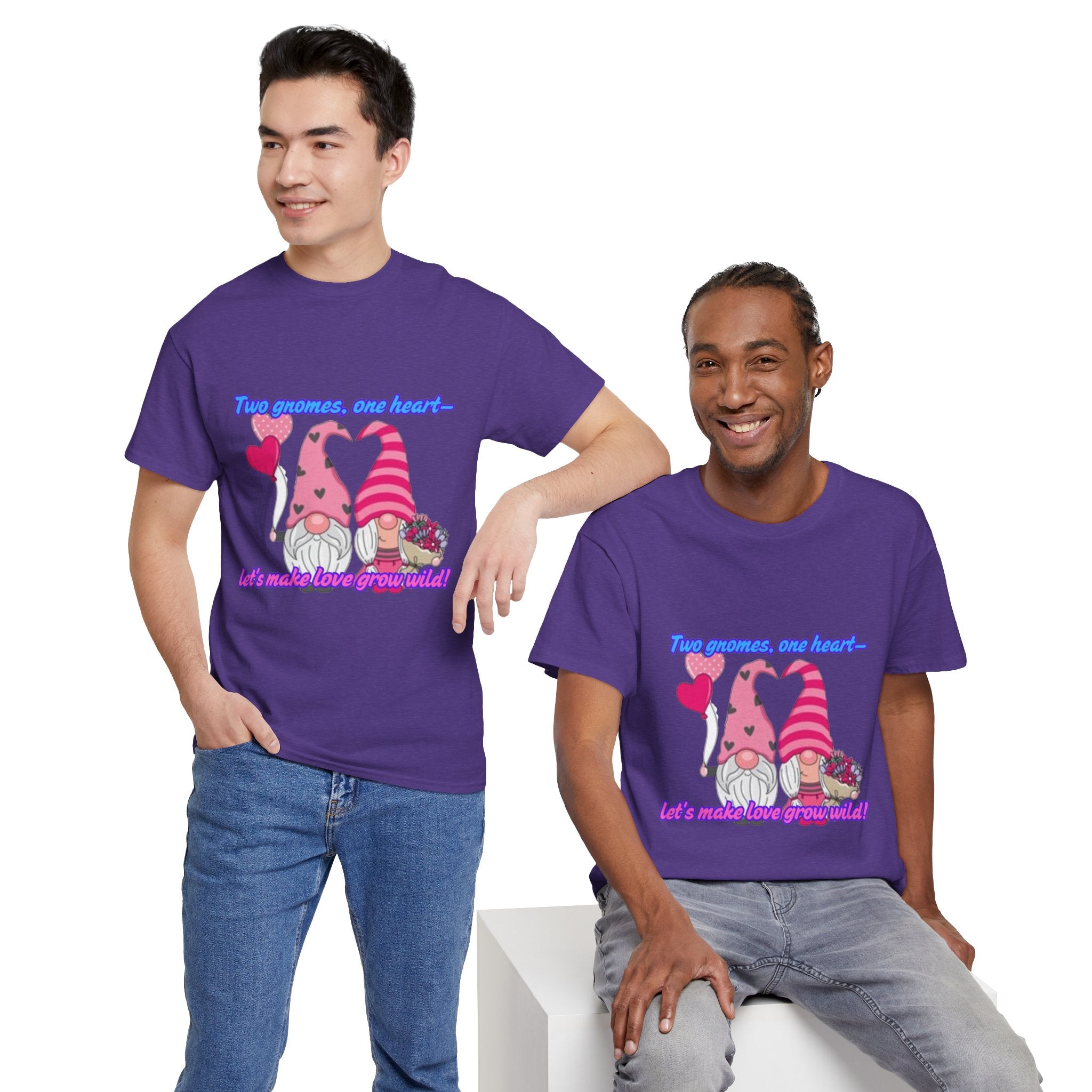 Two Gnomes, One Heart- Let's Make Love Grow Wild Unisex Heavy Cotton T-Shirt
