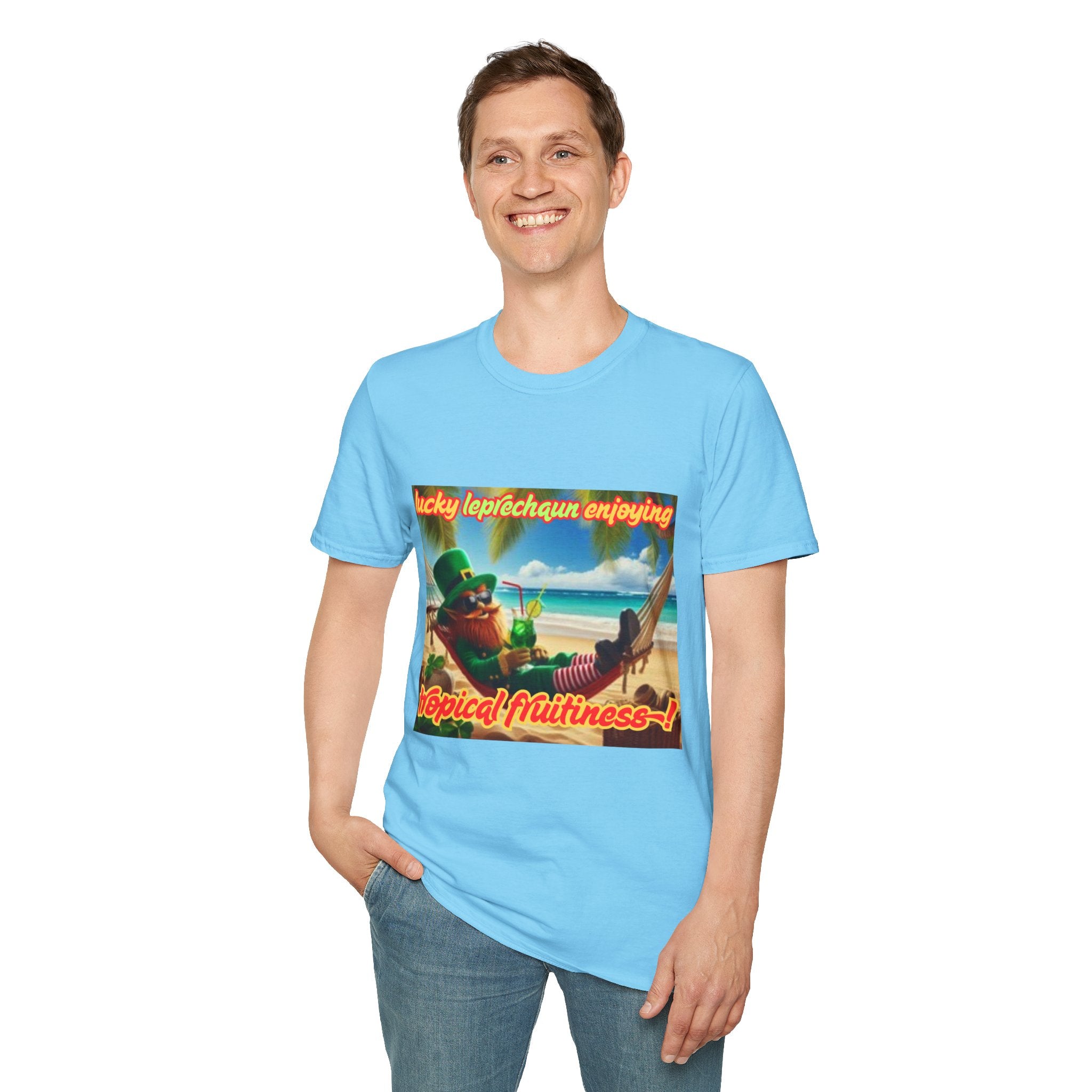 Lucky Leprechaun Enjoying Tropical Fruitiness! Unisex Softstyle T-Shirt