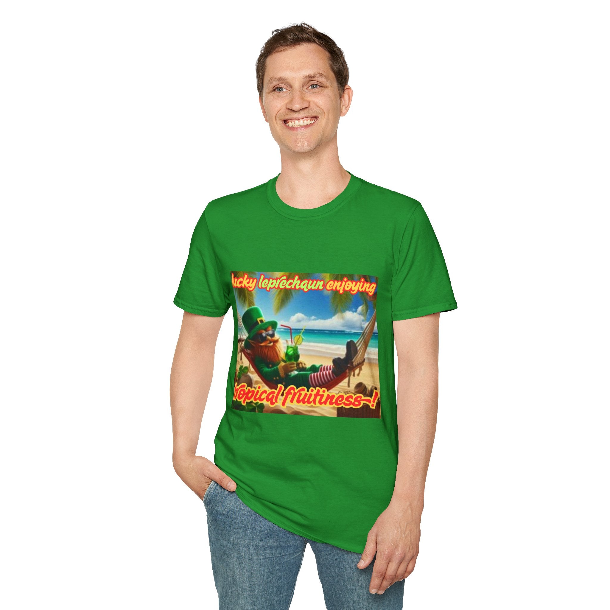 Lucky Leprechaun Enjoying Tropical Fruitiness! Unisex Softstyle T-Shirt
