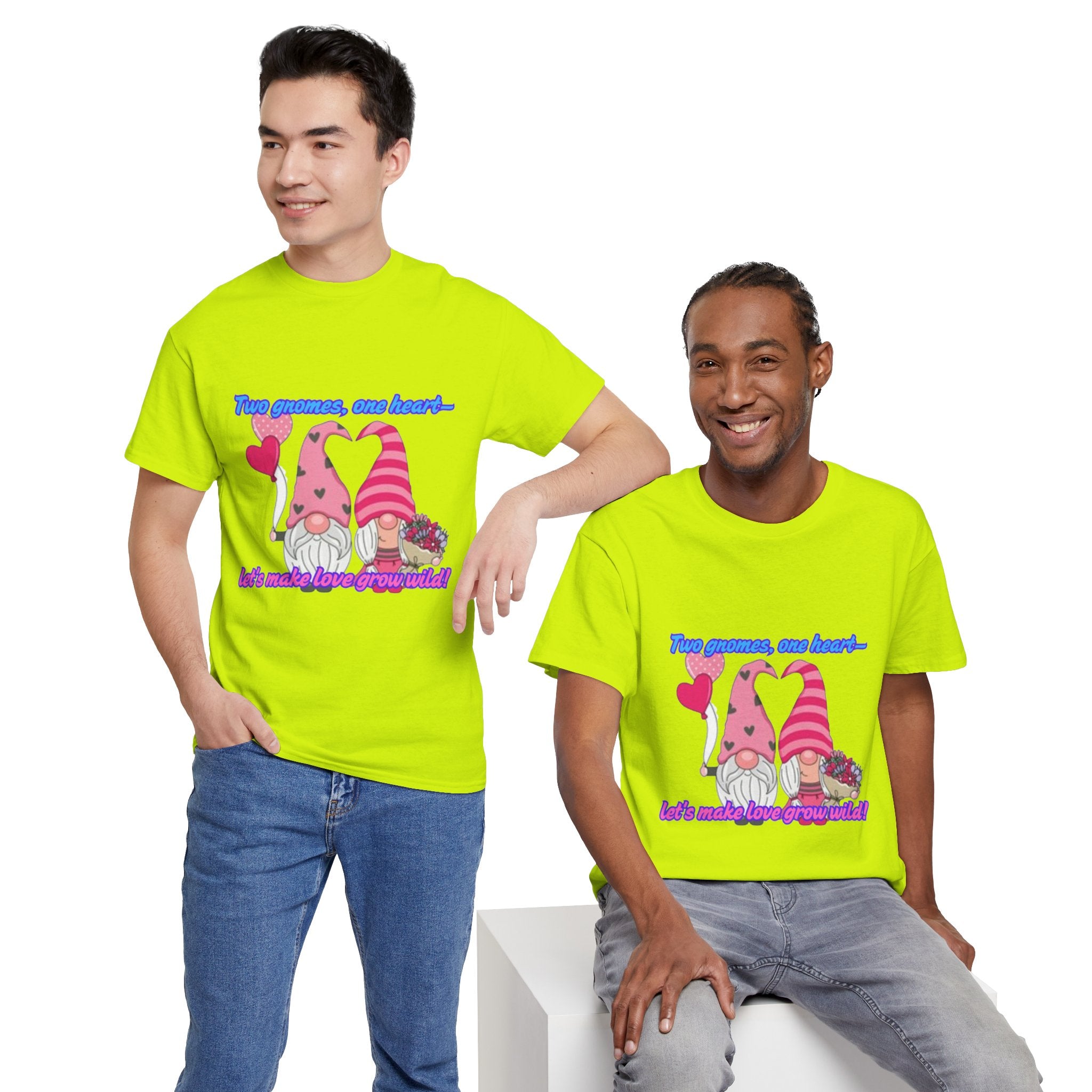 Two Gnomes, One Heart- Let's Make Love Grow Wild Unisex Heavy Cotton T-Shirt