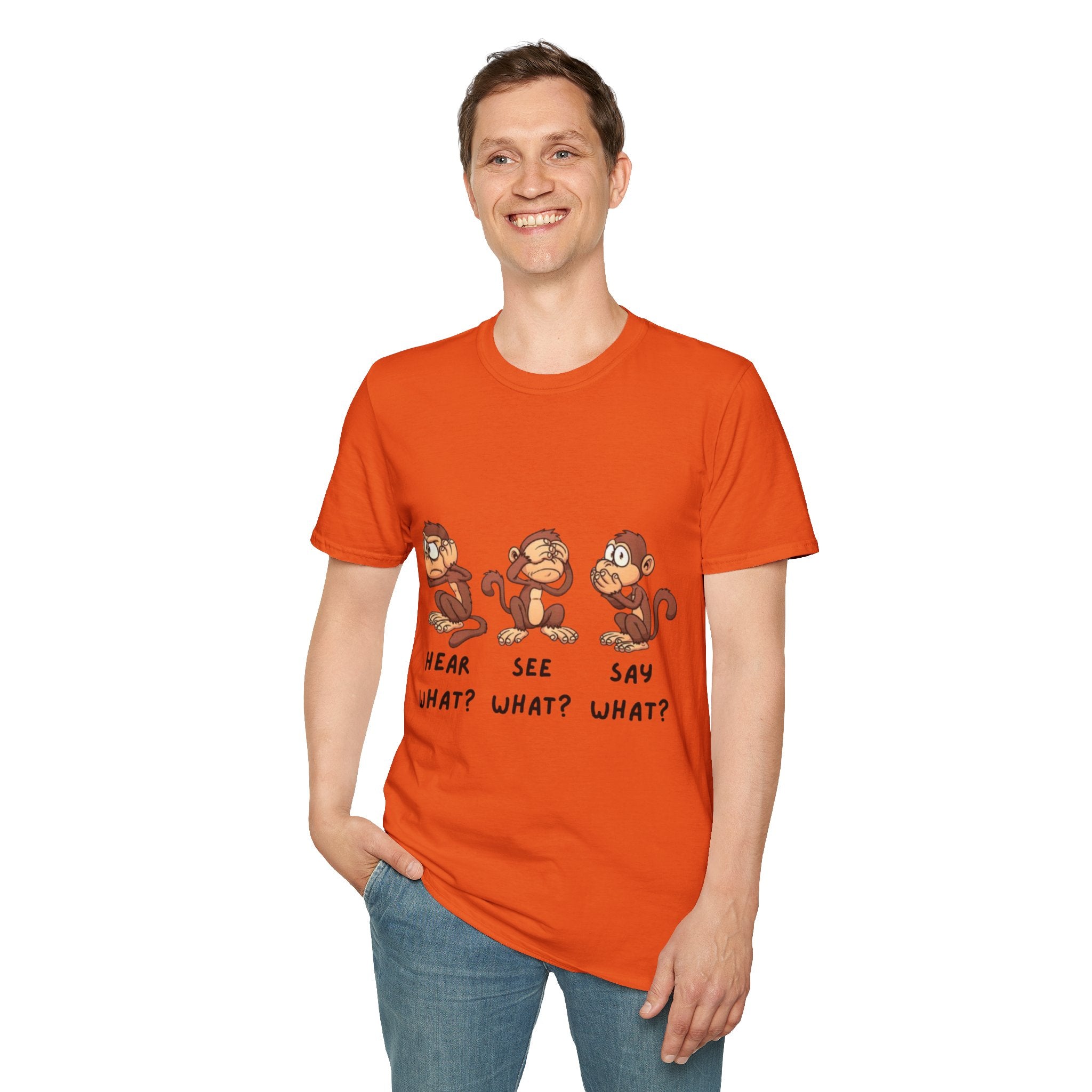 Monkey Hear, See, Say What? Unisex Softstyle T-Shirt