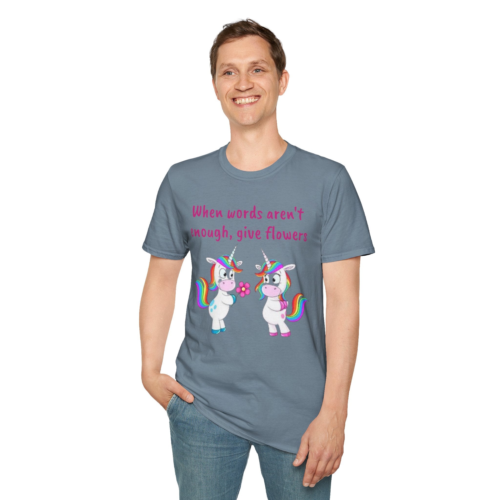 When Words Aren’t Enough, Give Flowers Unicorn Unisex Softstyle T-Shirt