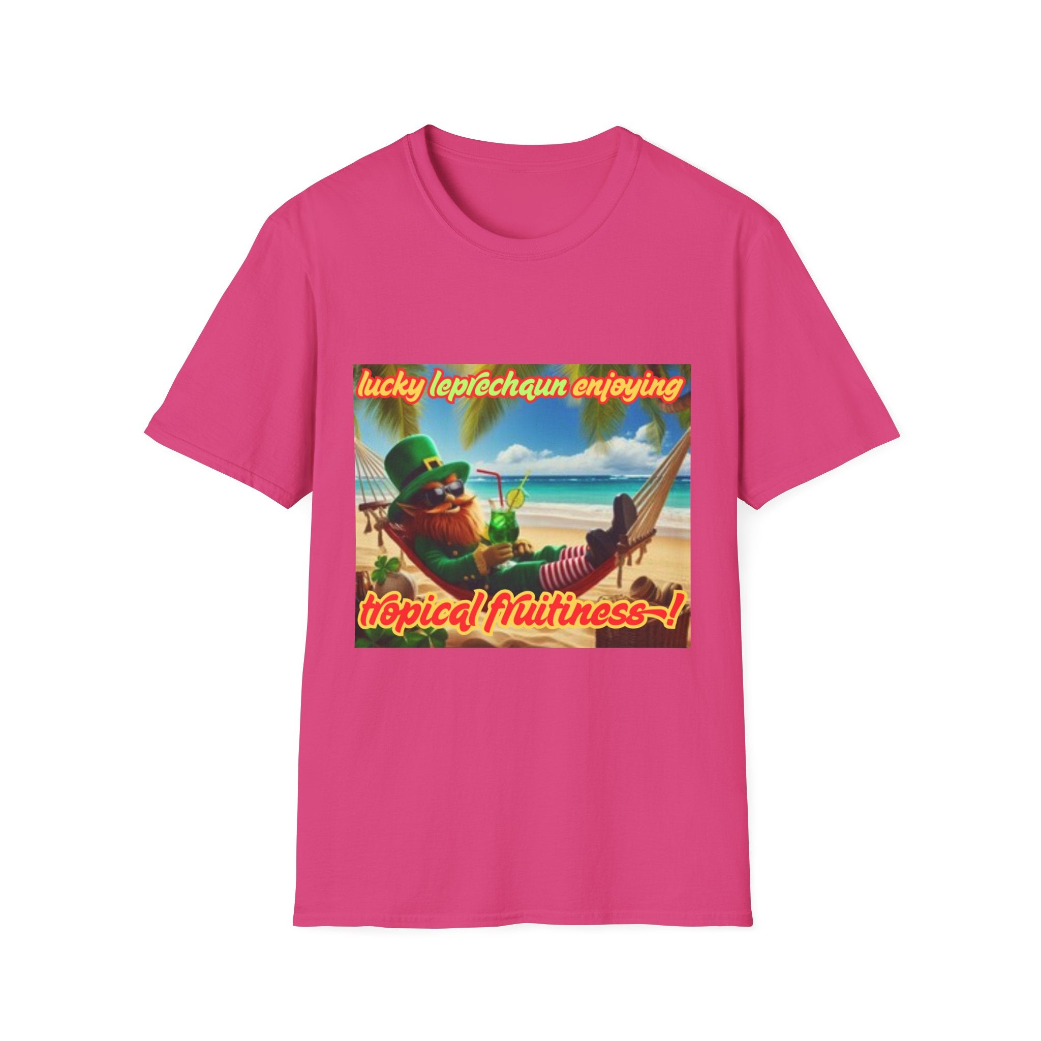 Lucky Leprechaun Enjoying Tropical Fruitiness! Unisex Softstyle T-Shirt