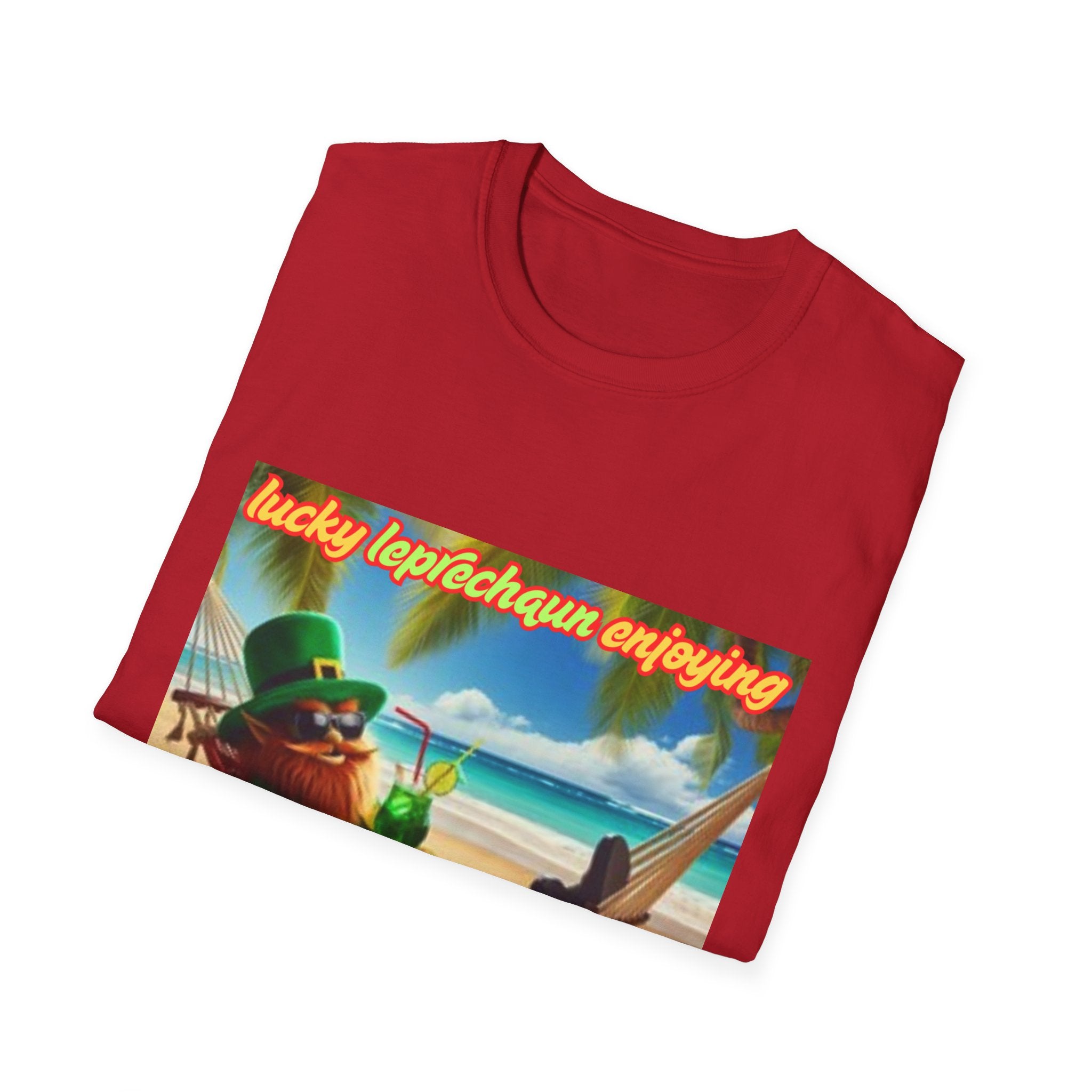 Lucky Leprechaun Enjoying Tropical Fruitiness! Unisex Softstyle T-Shirt