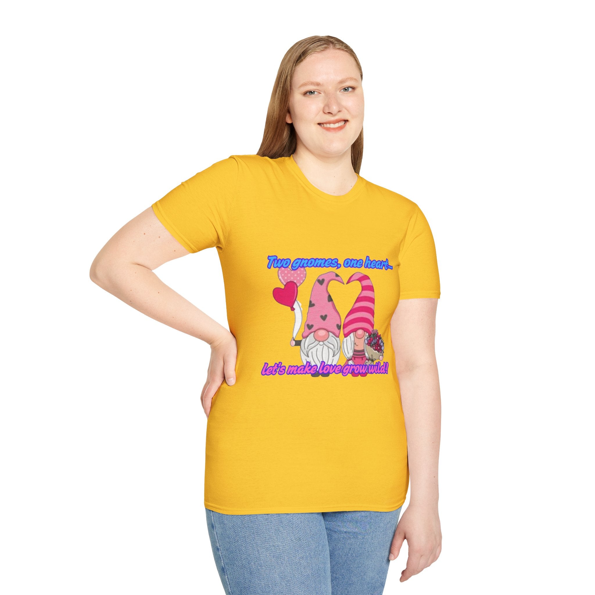 Two Gnomes, One Heart- Let's Make Love Grow Wild Unisex Softstyle T-Shirt