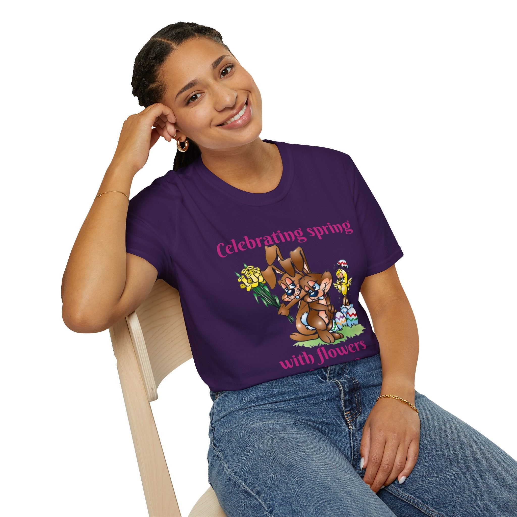Celebrating Spring With Flowers And Friends Bunny Unisex Softstyle T-Shirt