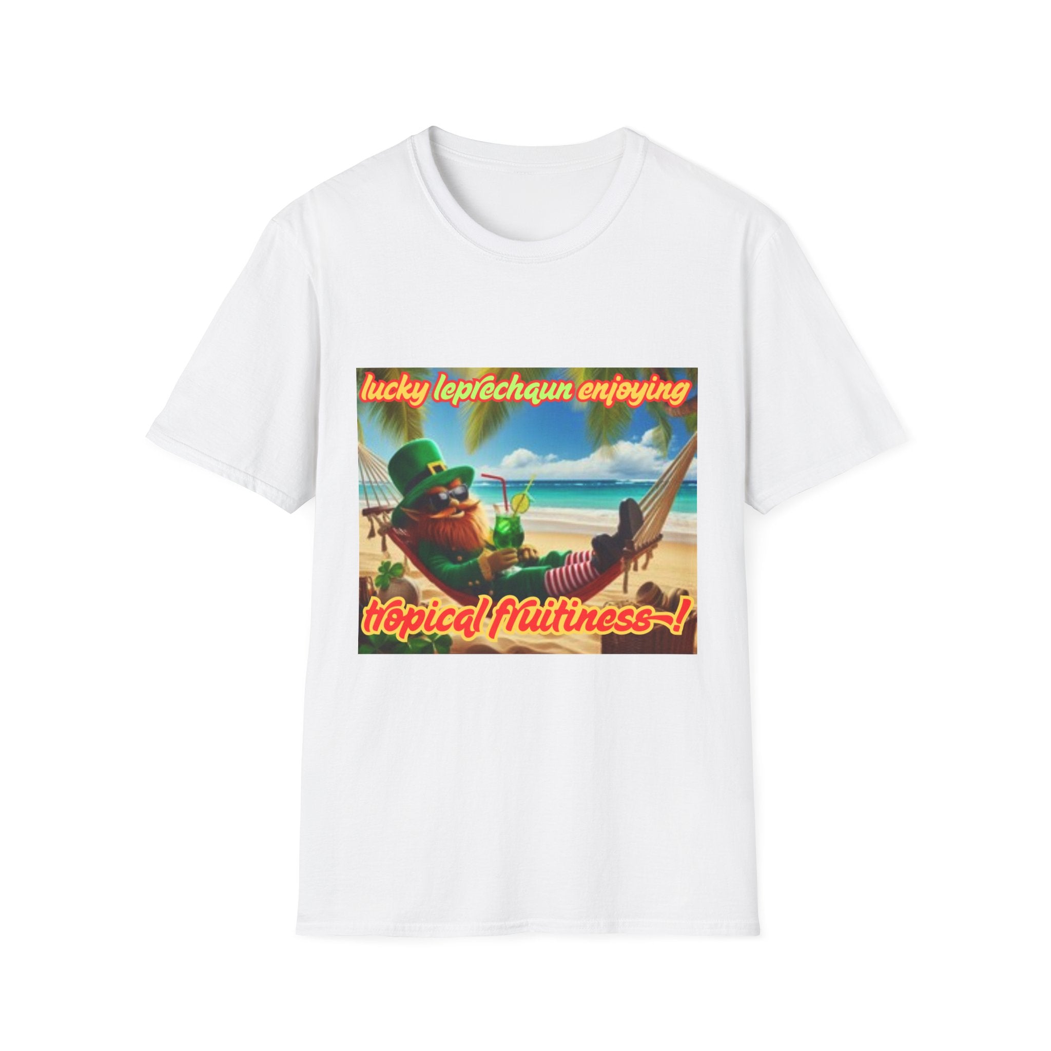 Lucky Leprechaun Enjoying Tropical Fruitiness! Unisex Softstyle T-Shirt