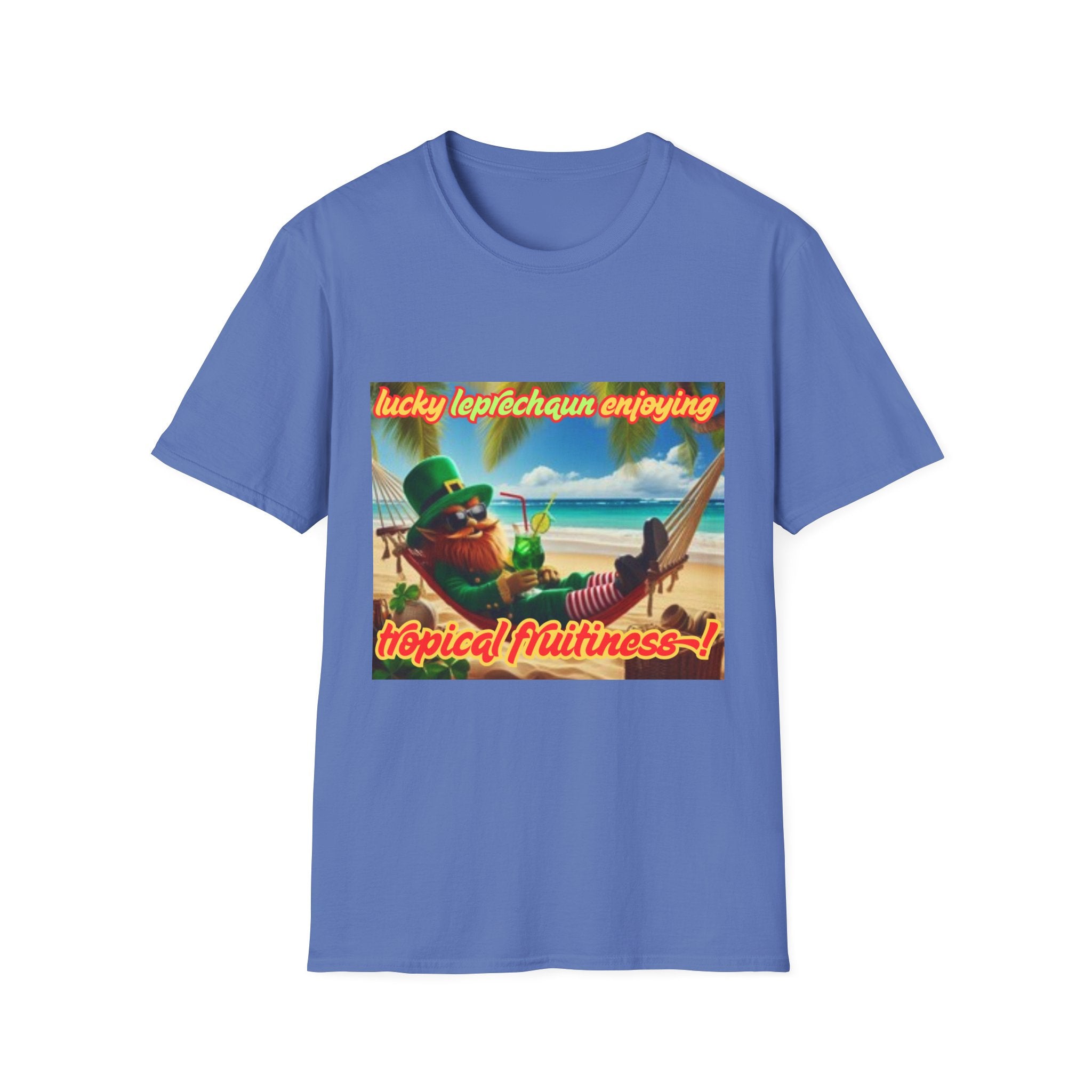 Lucky Leprechaun Enjoying Tropical Fruitiness! Unisex Softstyle T-Shirt