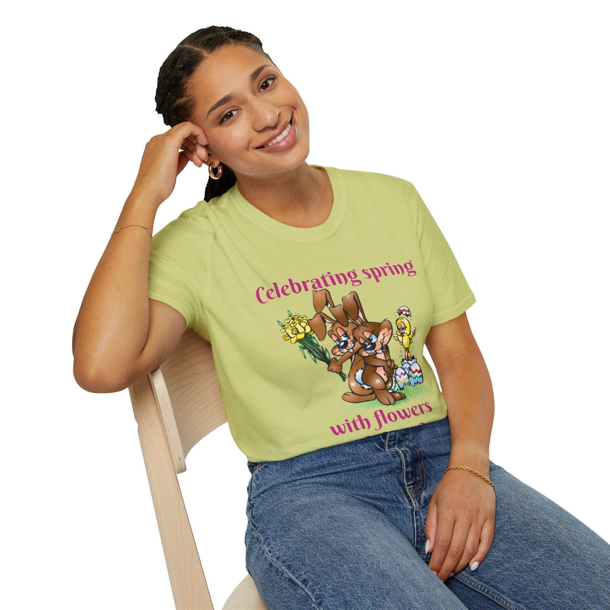 Celebrating Spring With Flowers And Friends Bunny Unisex Softstyle T-Shirt