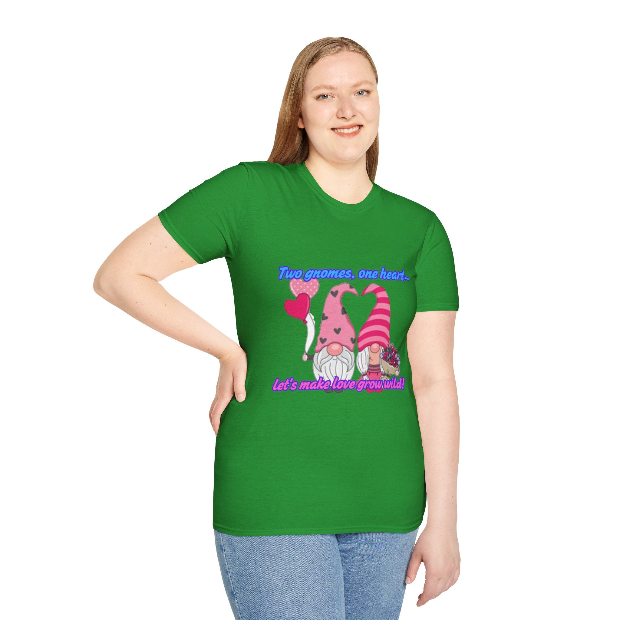 Two Gnomes, One Heart- Let's Make Love Grow Wild Unisex Softstyle T-Shirt