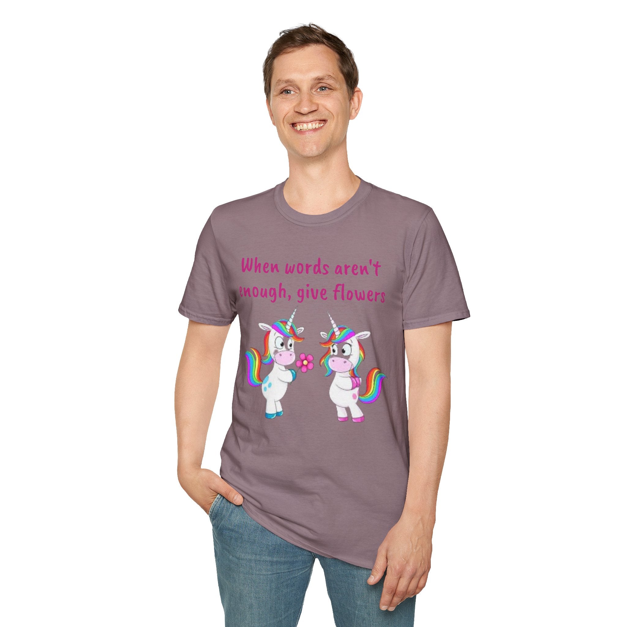 When Words Aren’t Enough, Give Flowers Unicorn Unisex Softstyle T-Shirt
